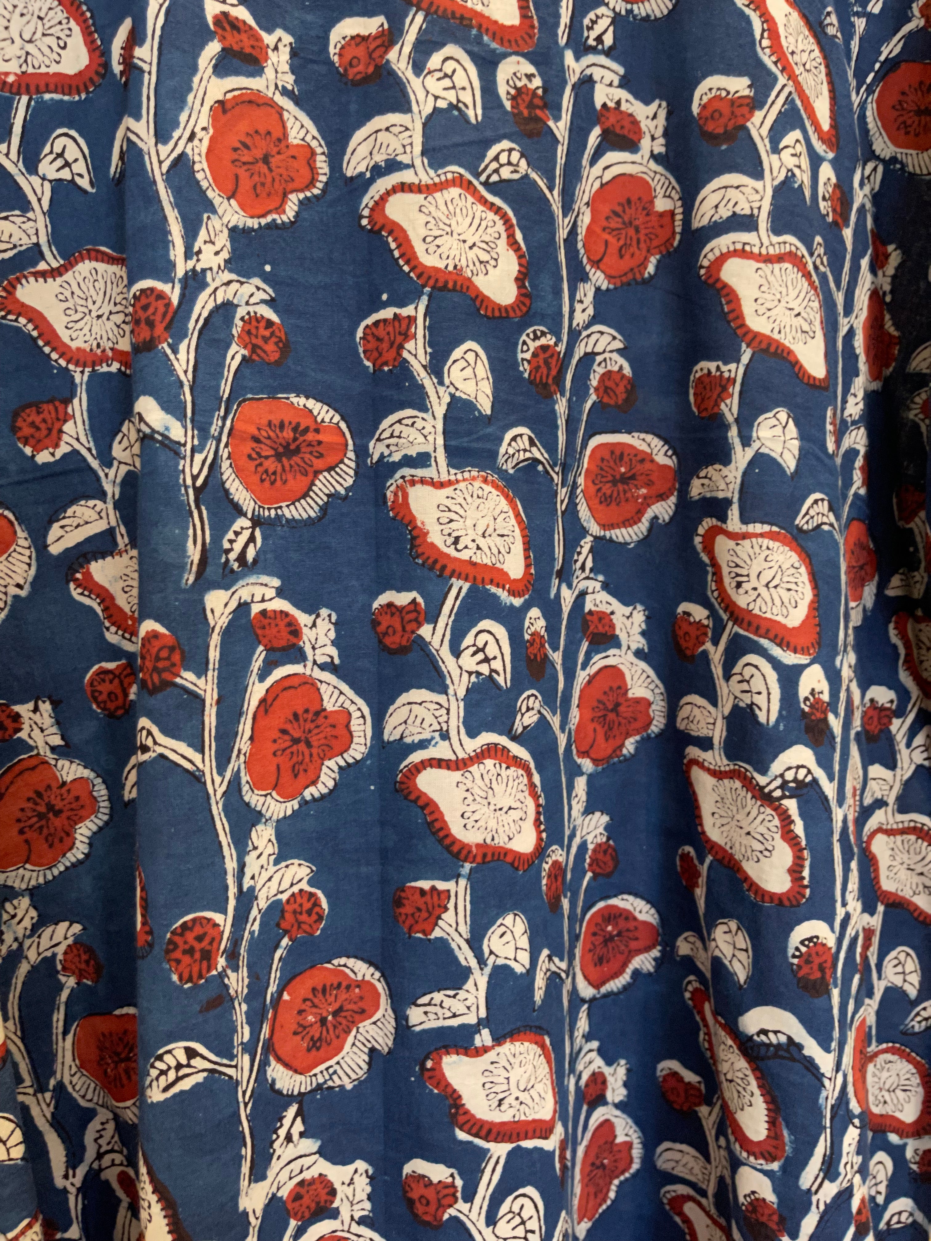 Fine Indian cotton handblock AJRAKH top in natural dyes, Indigo Vine Pattern