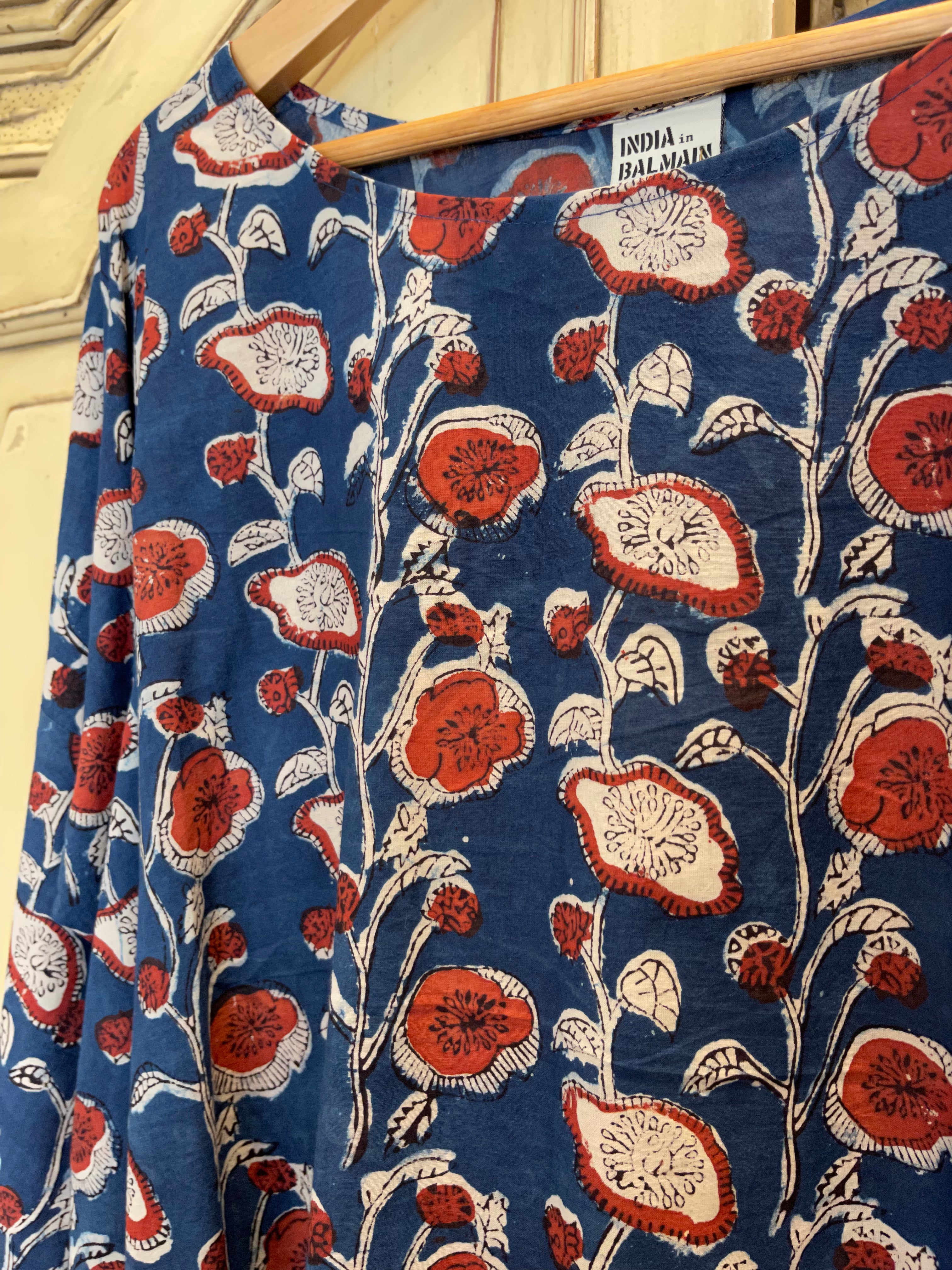 Fine Indian cotton handblock AJRAKH top in natural dyes, Indigo Vine Pattern