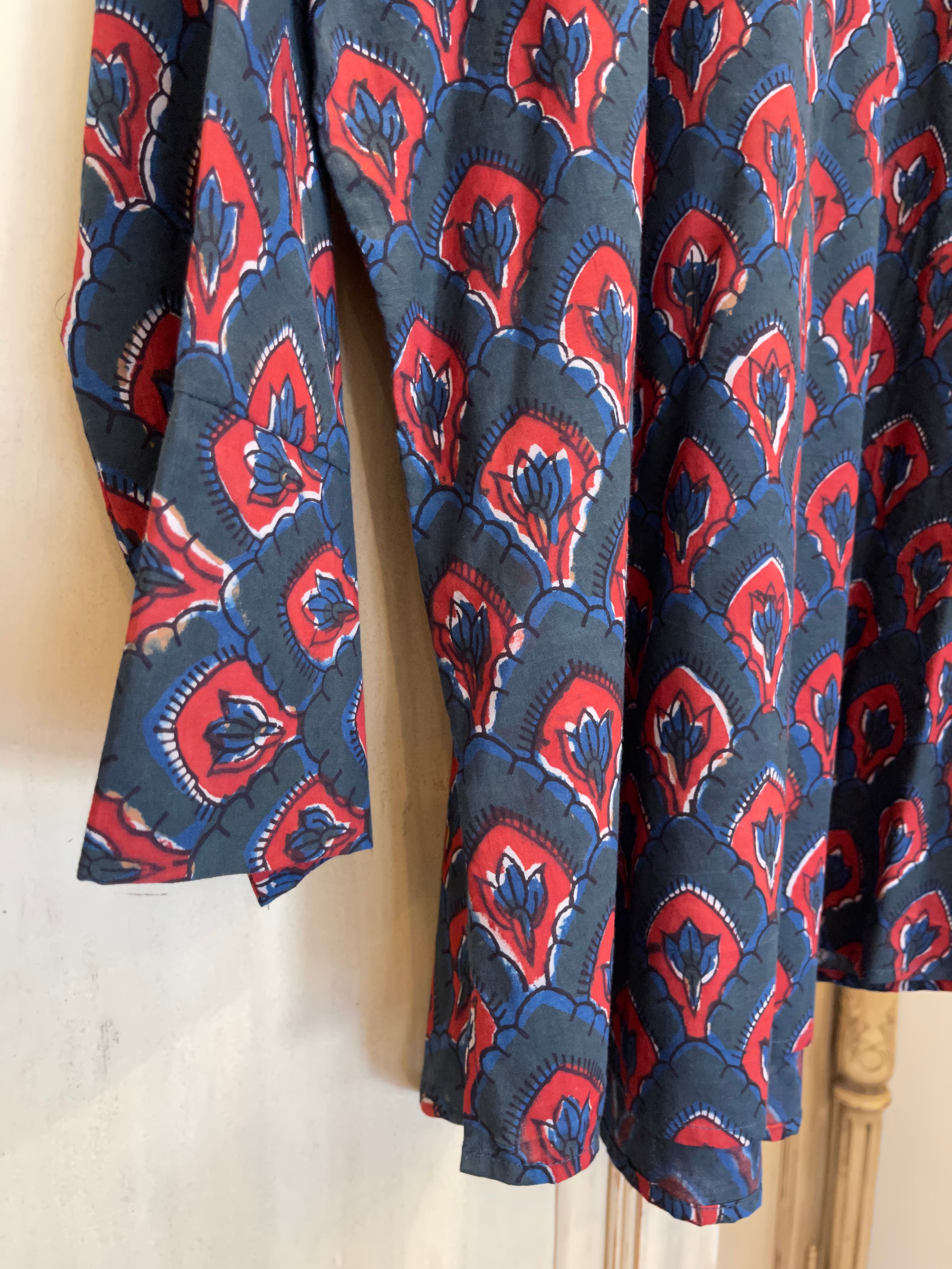 Fine Indian cotton handblock AJRAKH top in natural dyes, Big Fans Pattern