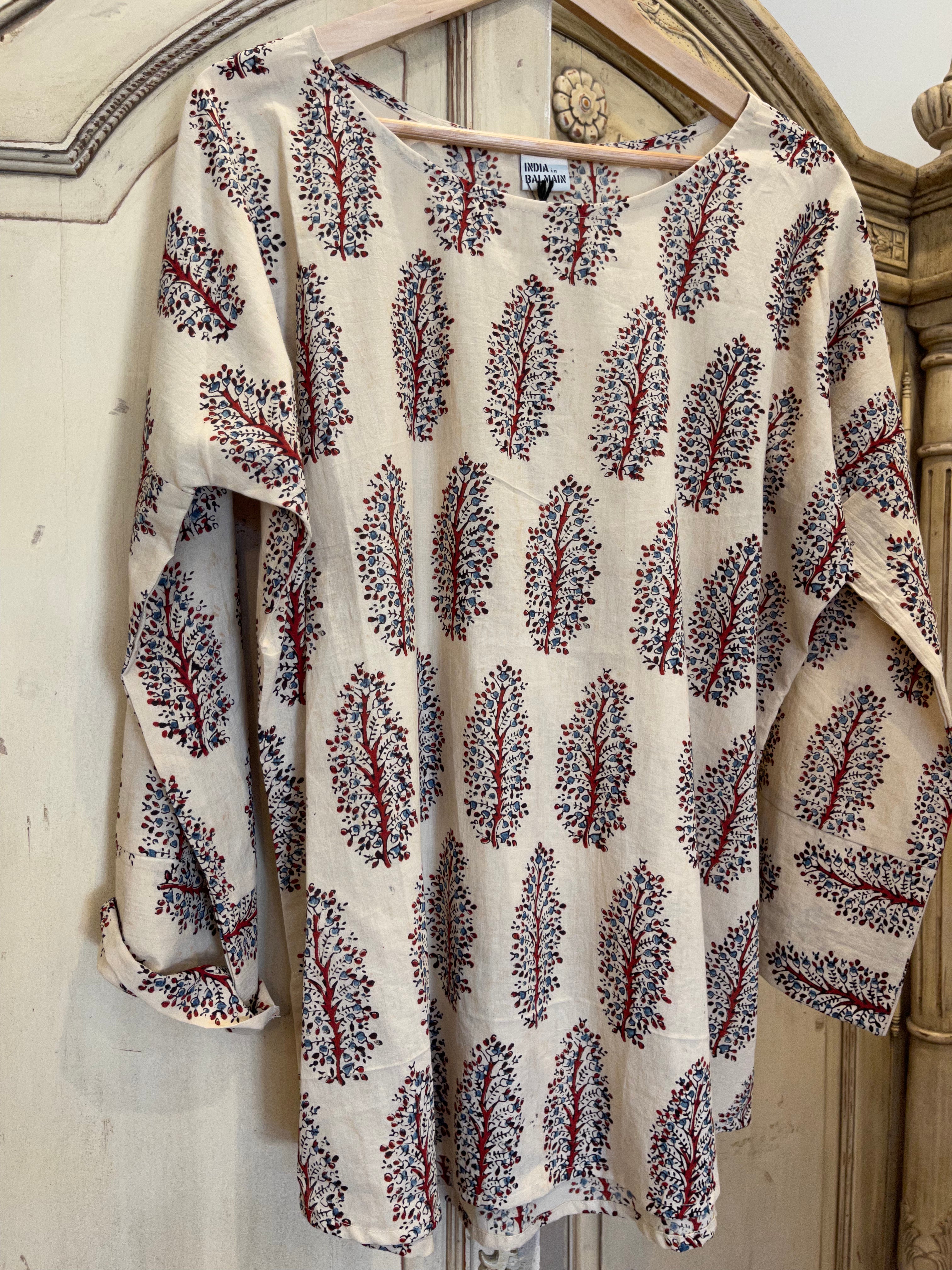 Fine Indian cotton handblock AJRAKH top in natural dyes, Tree Pattern