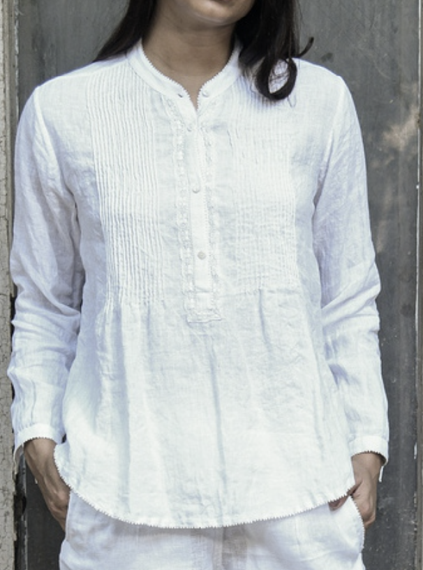 NIVA PINTUCK LINEN SHIRT with LACE- WHITE