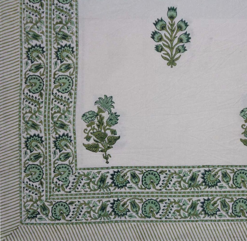 Handblock Printed Tablecloth Rectangular Long - Fresh Floral Green