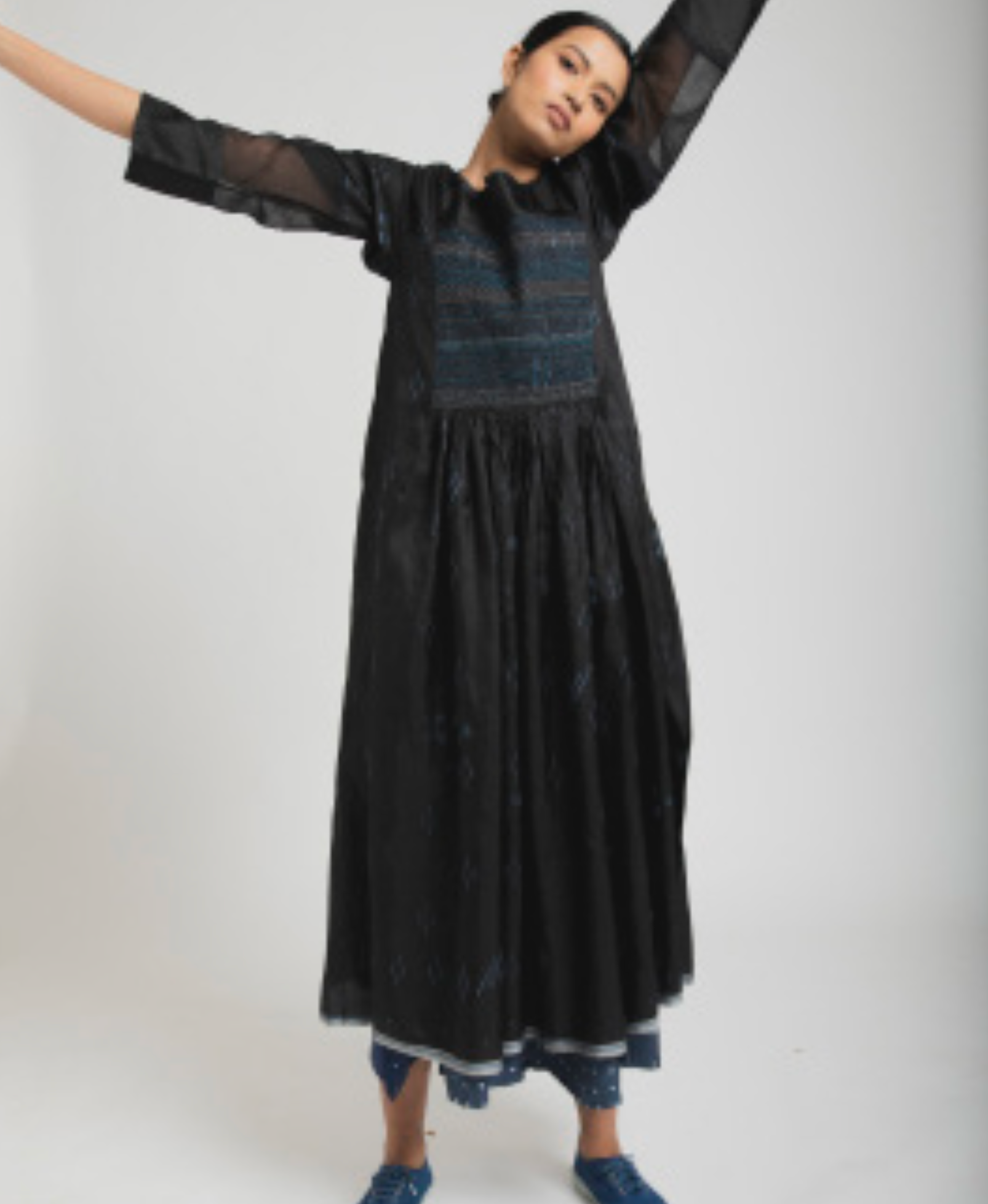 NEEL 08 Easy to wear mid length ink blue indigo day dress with scooped neck with contrasting french blue stitching detail.