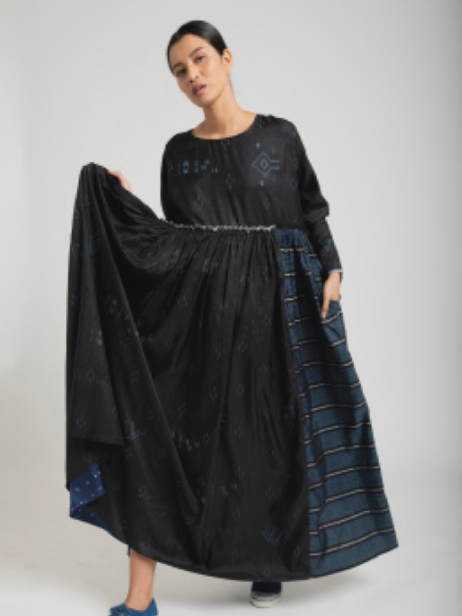Elegant formal ink blue indigo hand-woven silk maxi dress in jamdani weave.