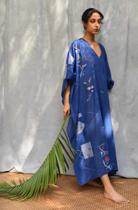 Long Jamdani Kaftan - Indigo Celebration