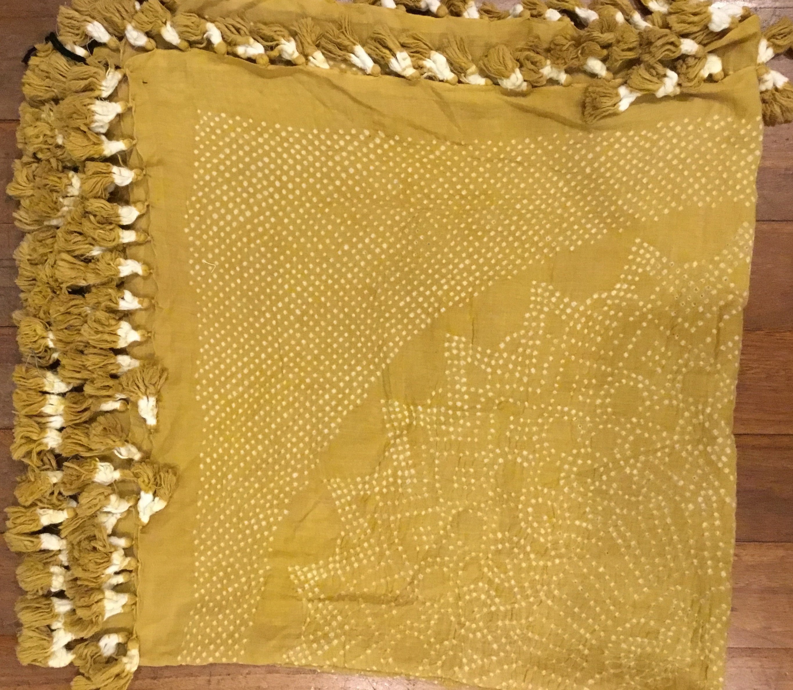 Bandhani Cotton Square Scarf With Pom Poms - Muted Mustard Mandala