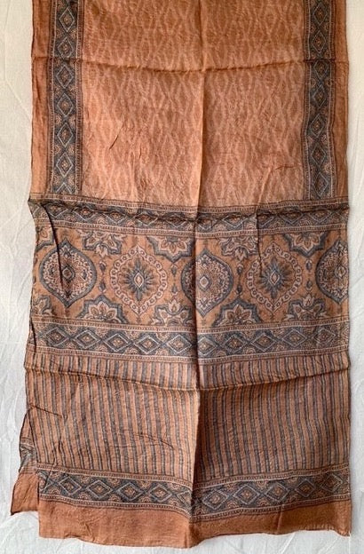 This Ajrakh scarf is blockprinted on handwoven wild tusar silk cloth using natural dyes, Desert Sands