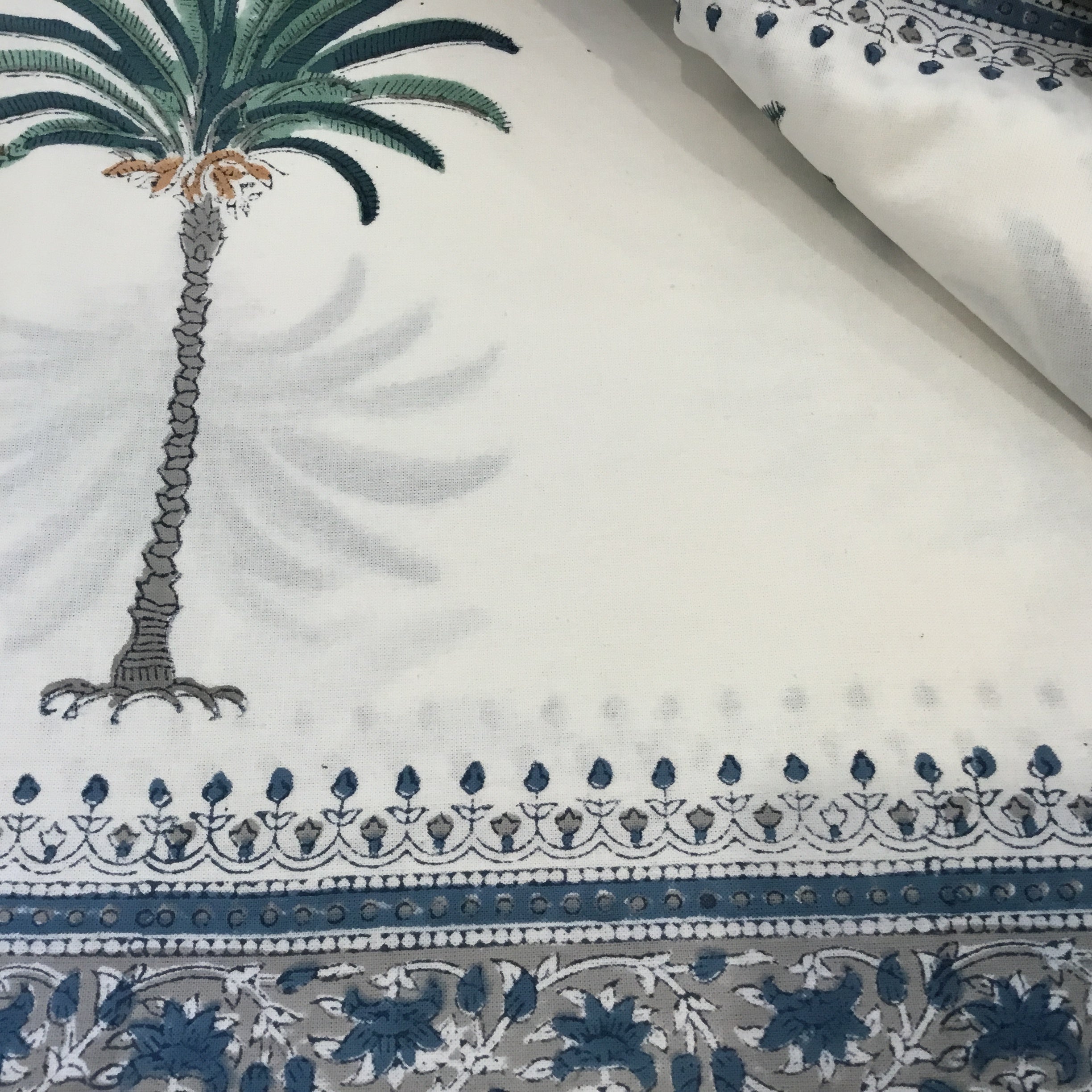 Block Printed Cotton Sheet - BLUE PALM