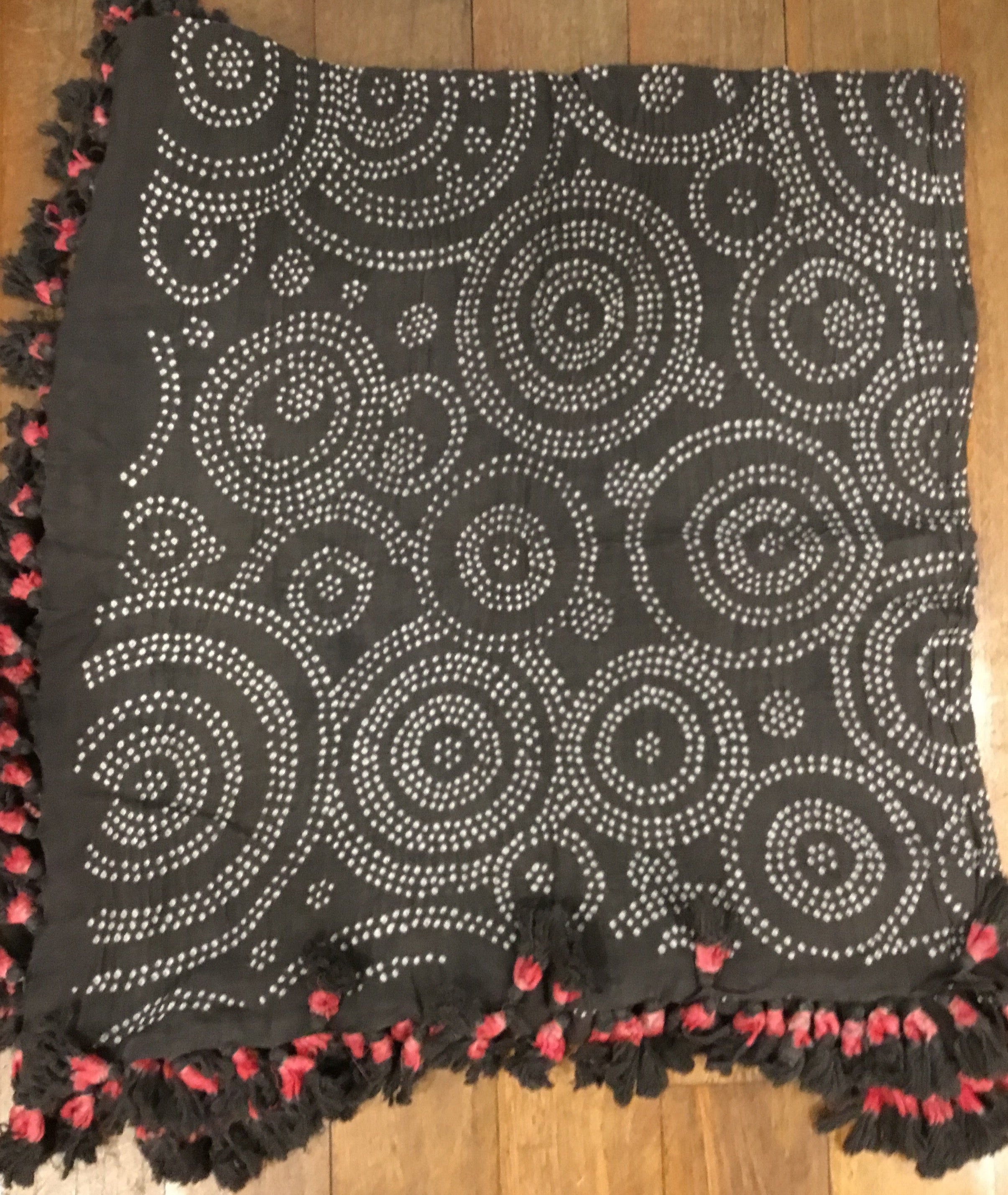Bandhani Cotton Square Scarf With Pom Poms - Deep Slate Circle Success Active