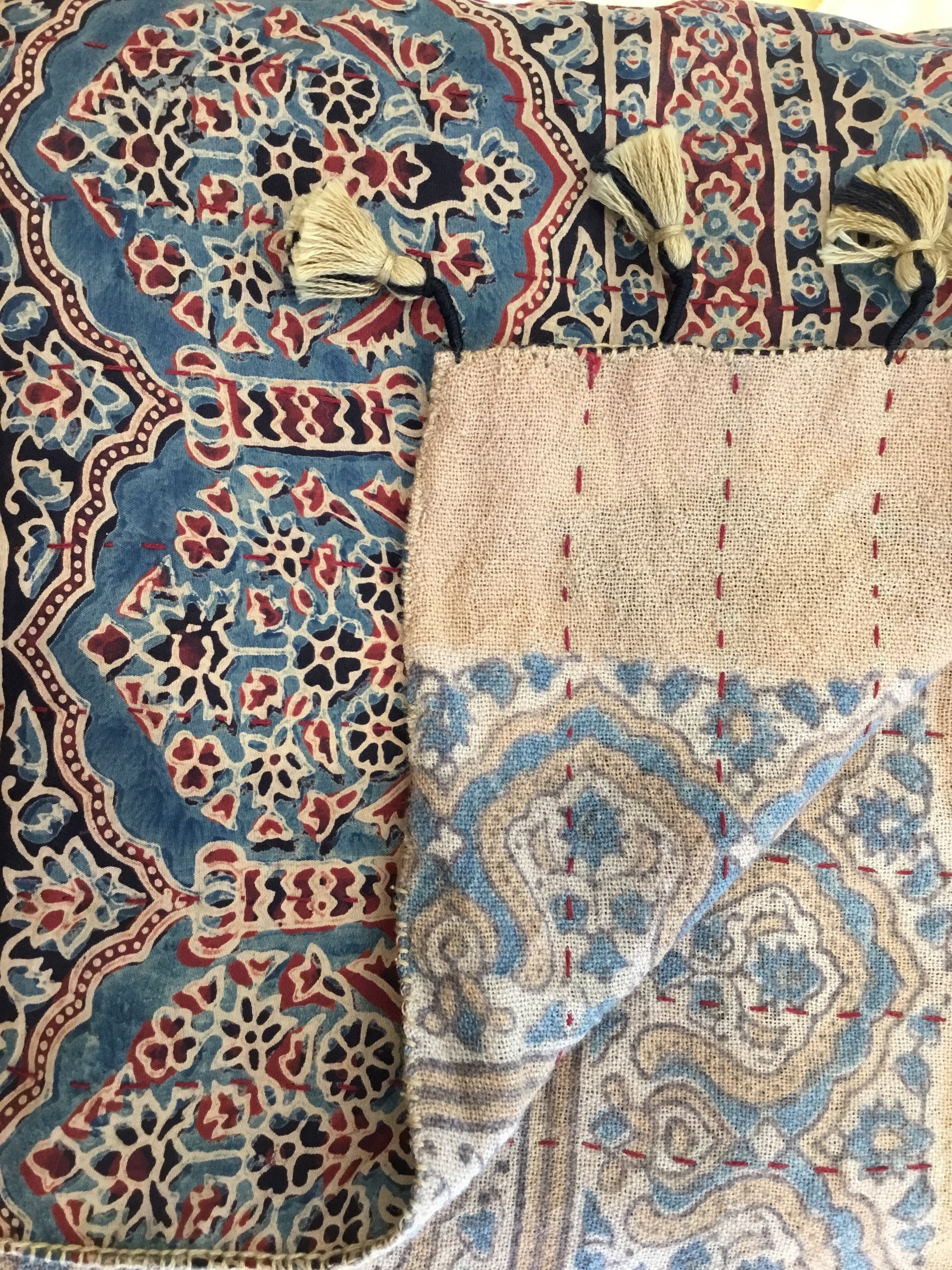 Ajrakh Handloomed Double Sided Quilted Wool and Silk Wrap, Desert Jewel and Sand Weave