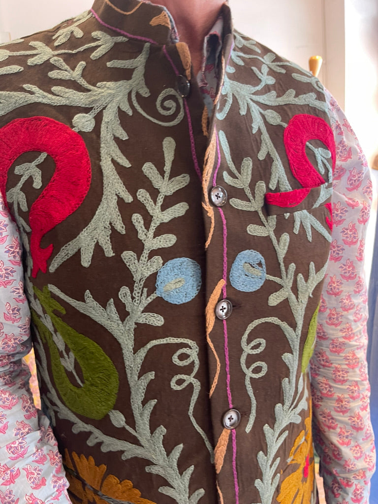 Mens Nehru Jacket - Velvet Suzani Floral