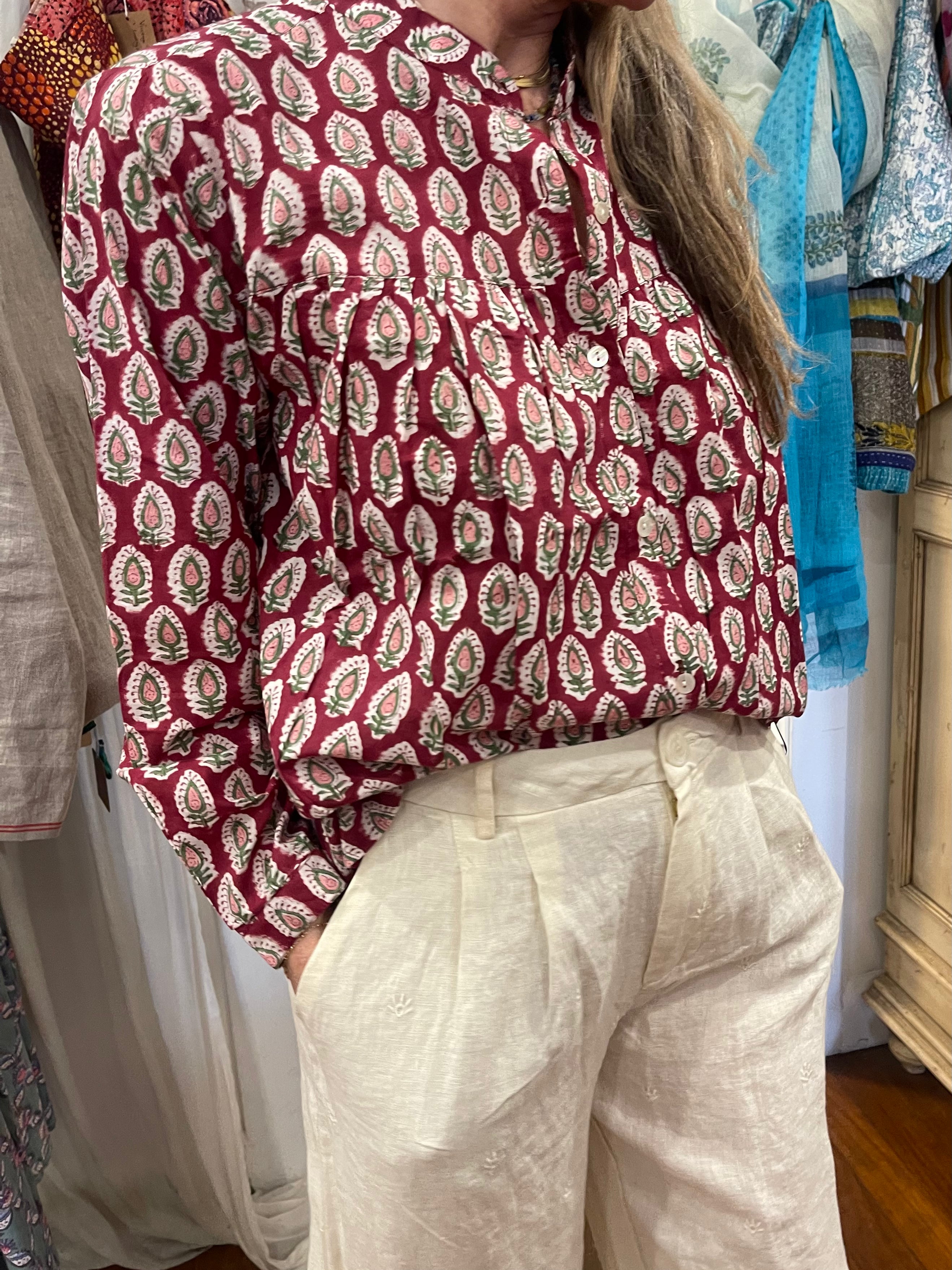 Handblock Printed Blouse - CRIMSON MEADOW