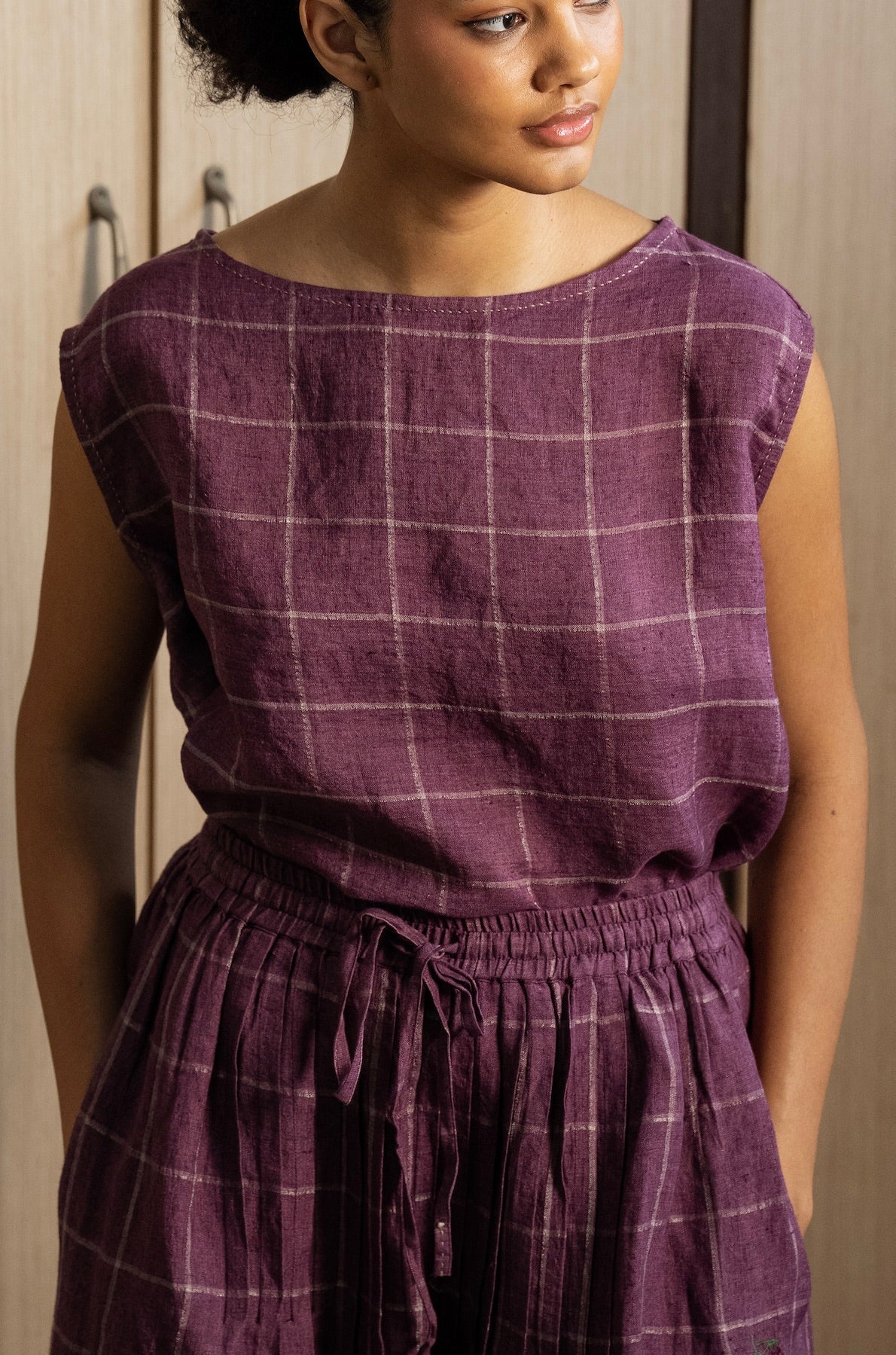MEDH LINEN CHECK SKIRT - Eggplant
