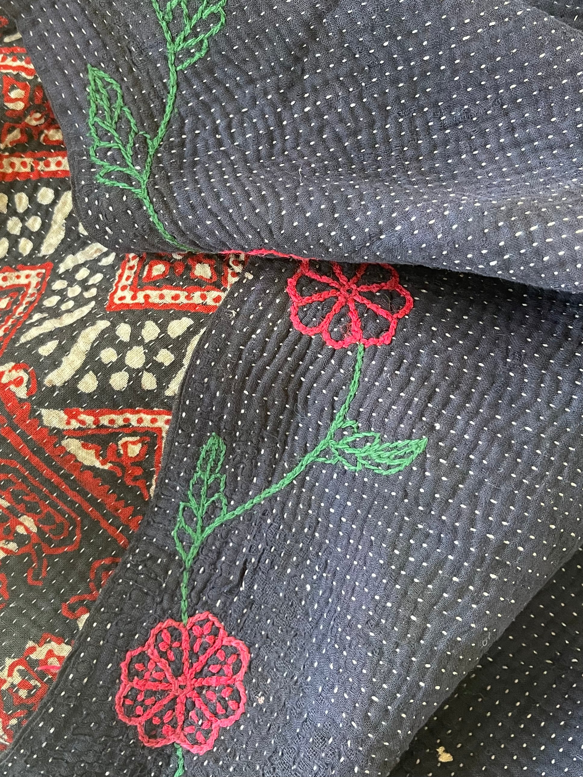 VINTAGE AJRAKH KANTHA  - Indigo Meadow