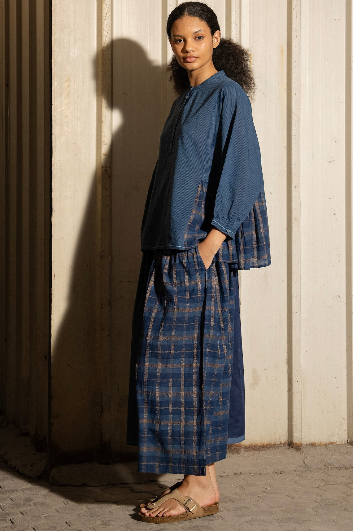 UMA HANDWOVEN COTTON SKIRT - Indigo Lurex Check