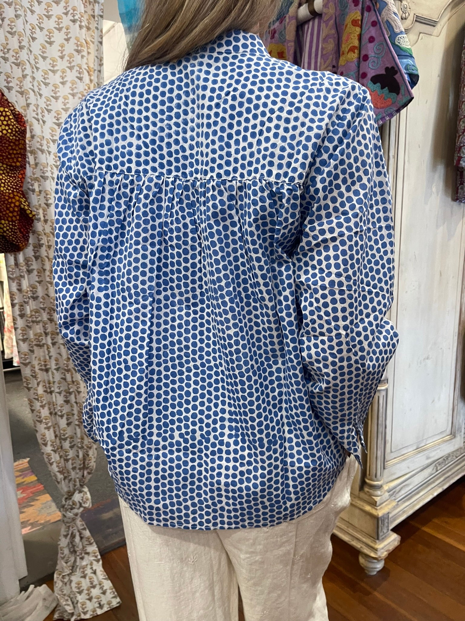 Handblock Printed Blouse - DOTTY in BLUE