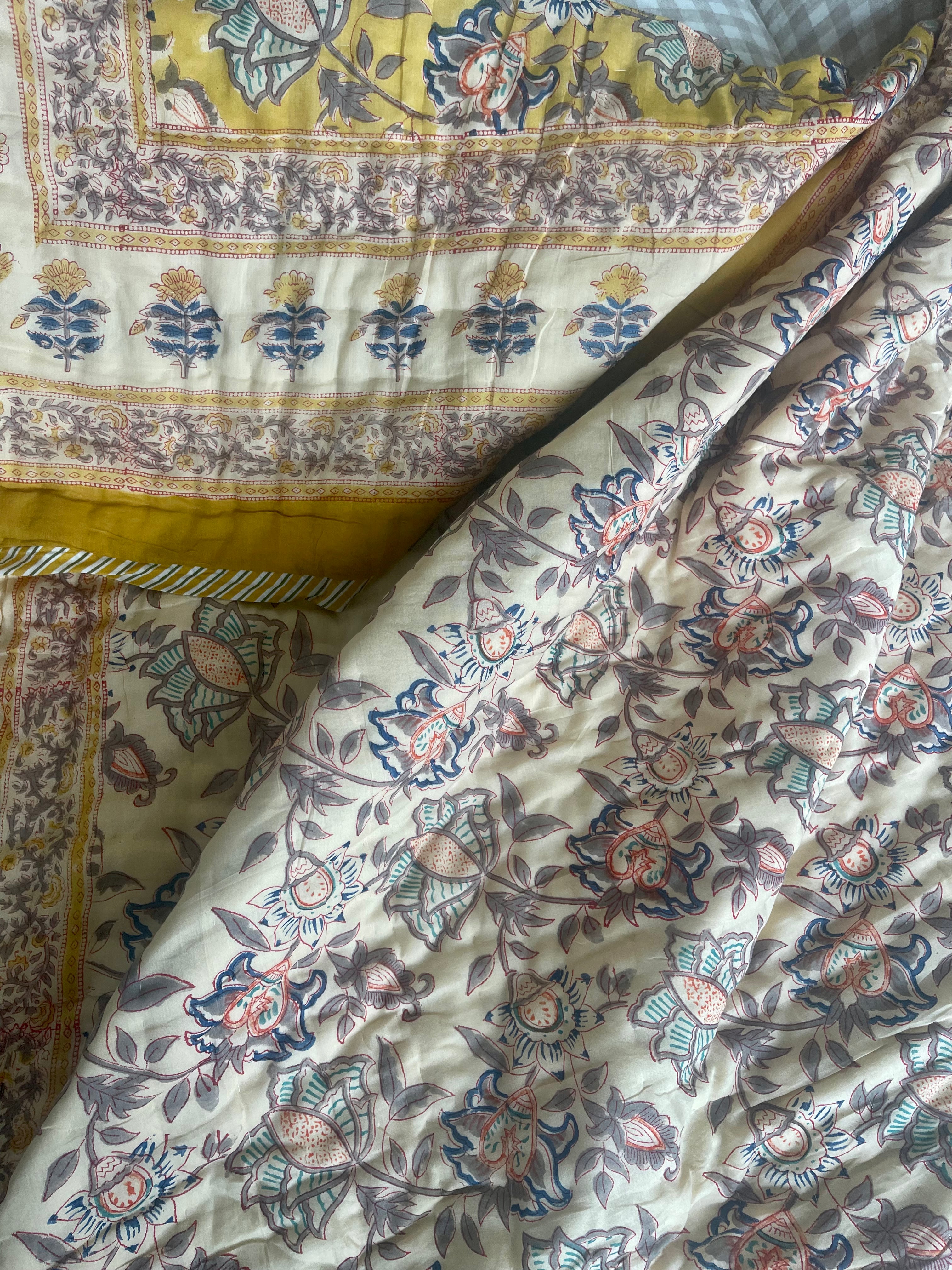 Jaipuri Cotton Quilt - BUTTER YELLOW FLORAL