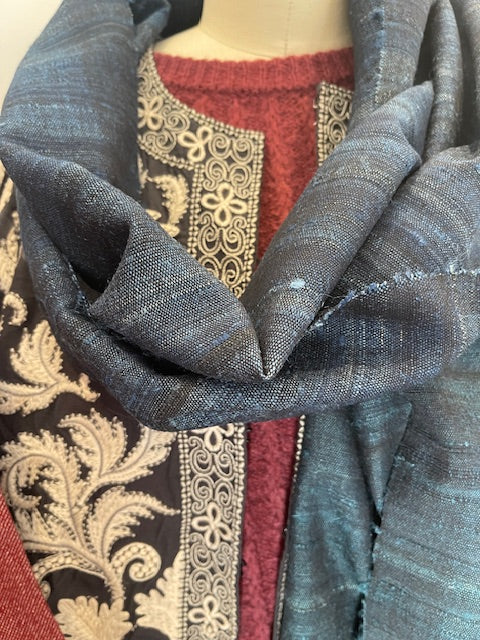 Handwoven Silk + Wool Scarf - Deep Sea Indigo Blue
