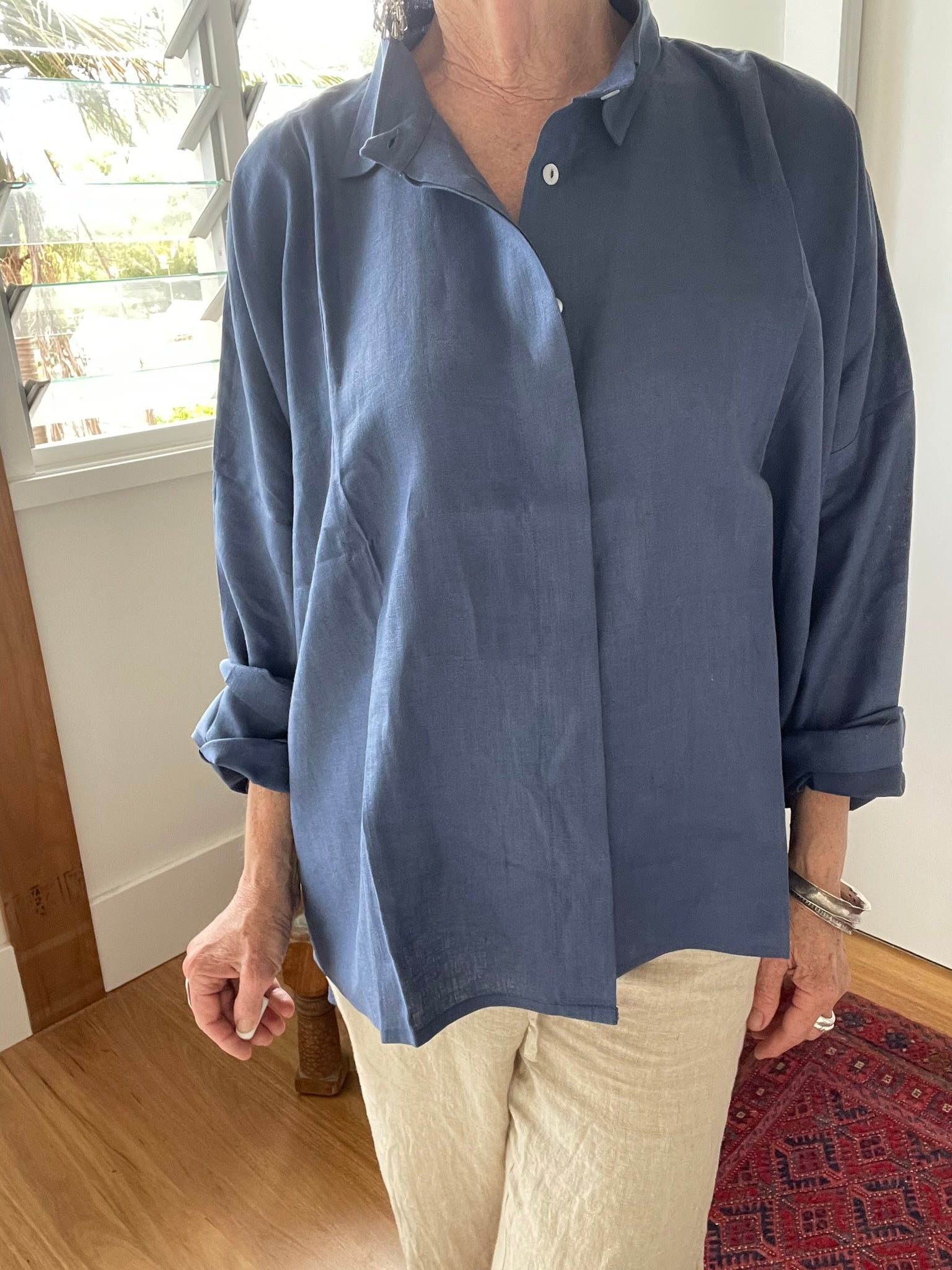 LINEN OVERSIZE SHIRT - Dark Dove Blue