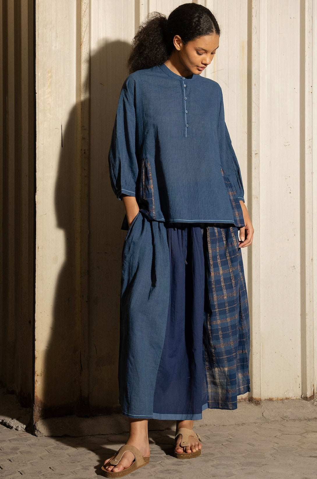 UMA HANDWOVEN COTTON SKIRT - Indigo Lurex Check