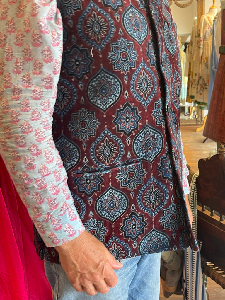 Mens Nehru Jacket - Velvet Ajrakh