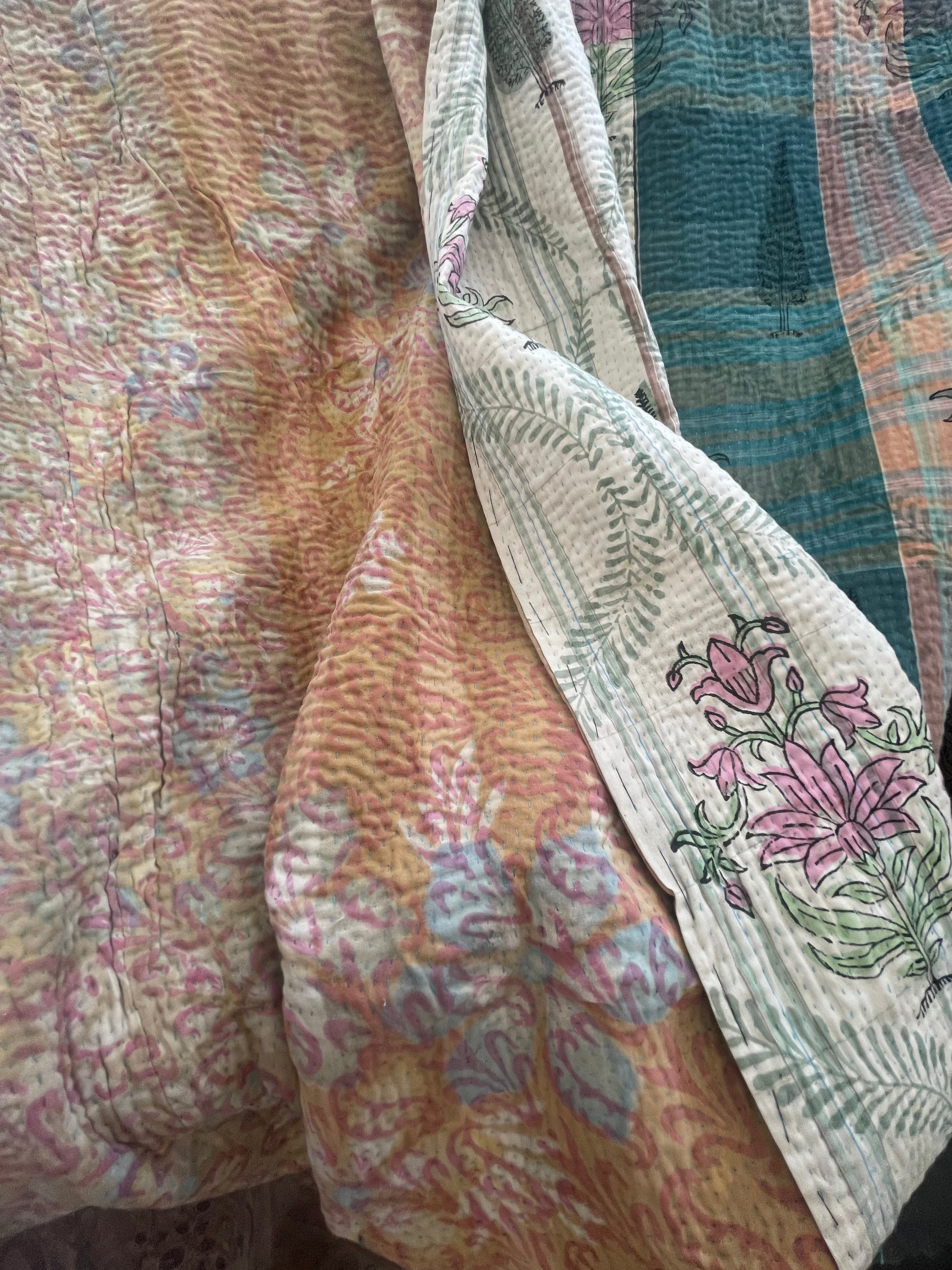 VINTAGE KANTHA - French Floral | Green Stripe
