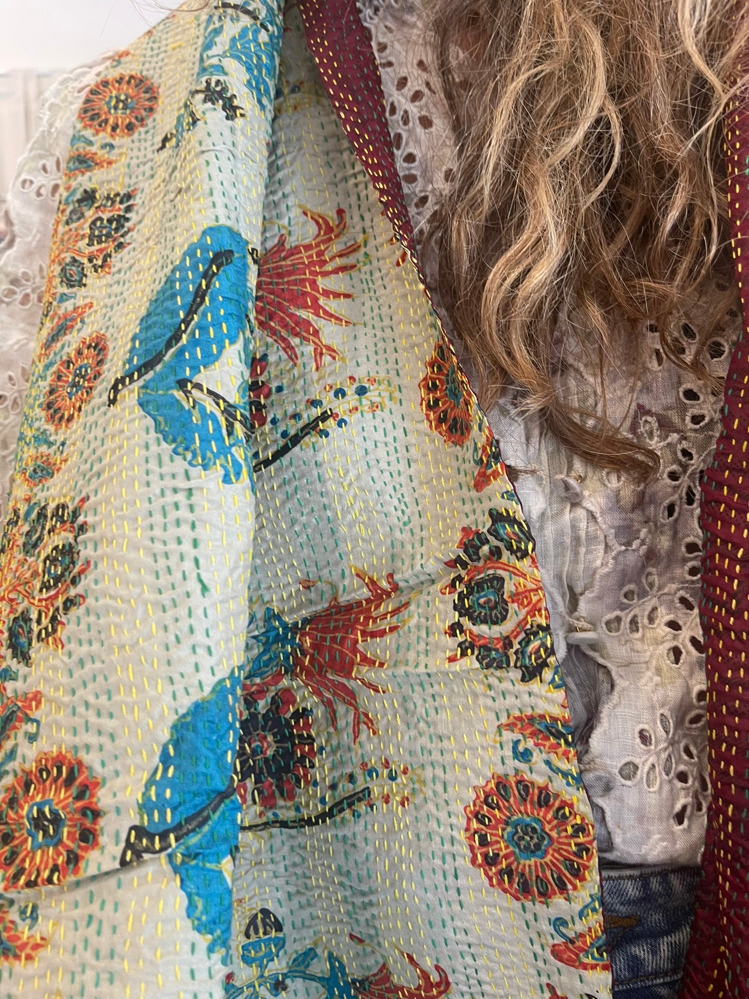 Kantha Silk Muffler - Fireside Coral