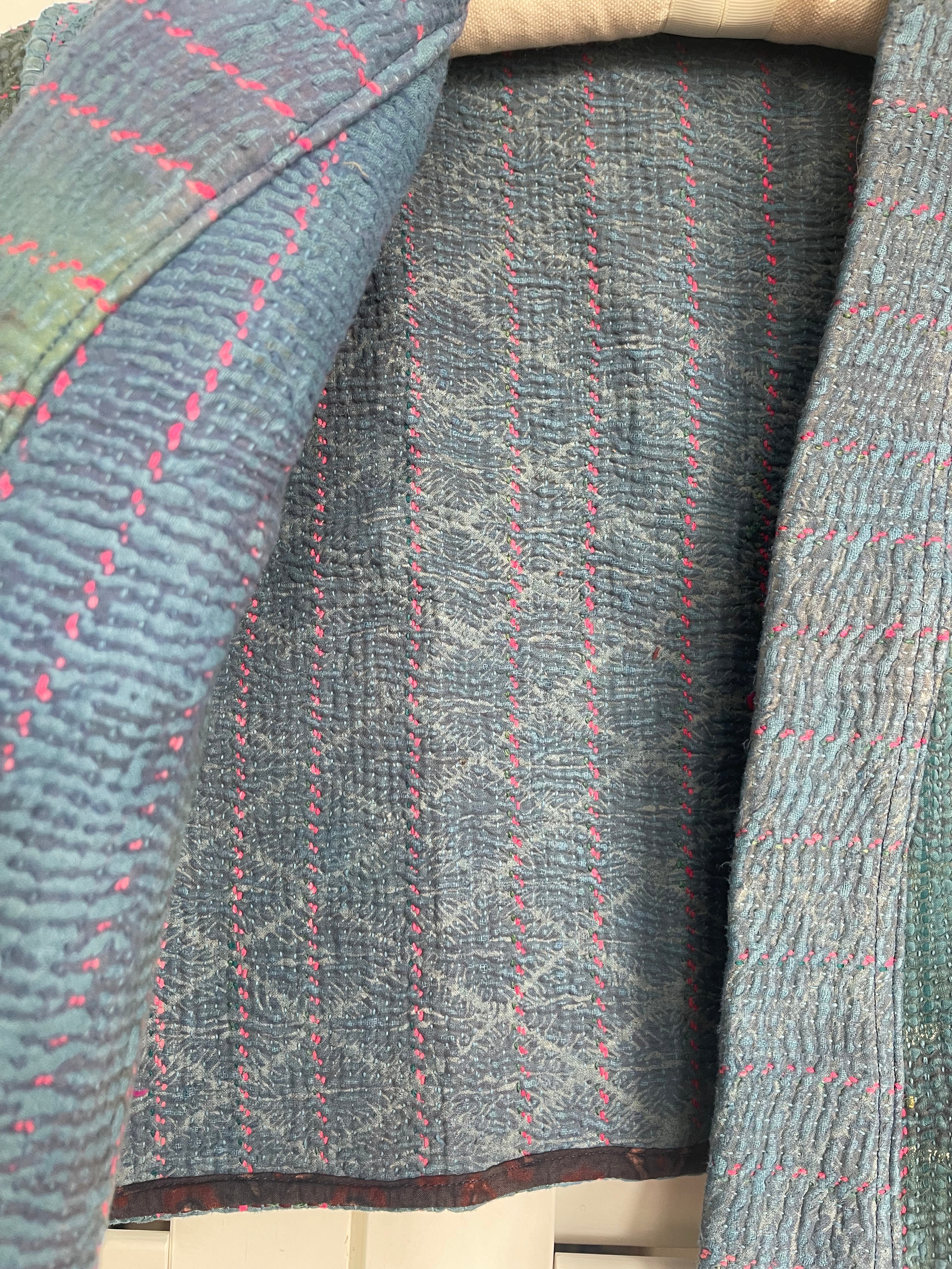 Capped Sleeve Top - Sea Blue Kantha