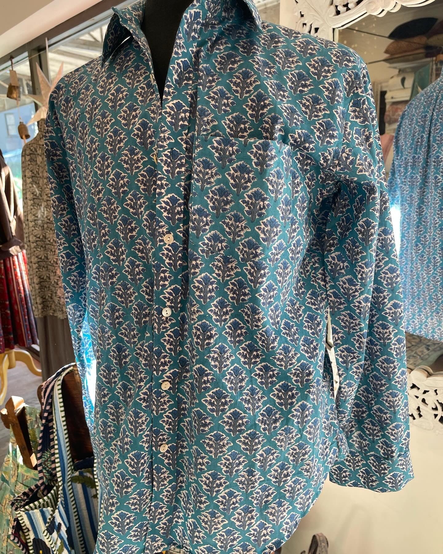 Handblock Printed Mens Shirt - French Blue