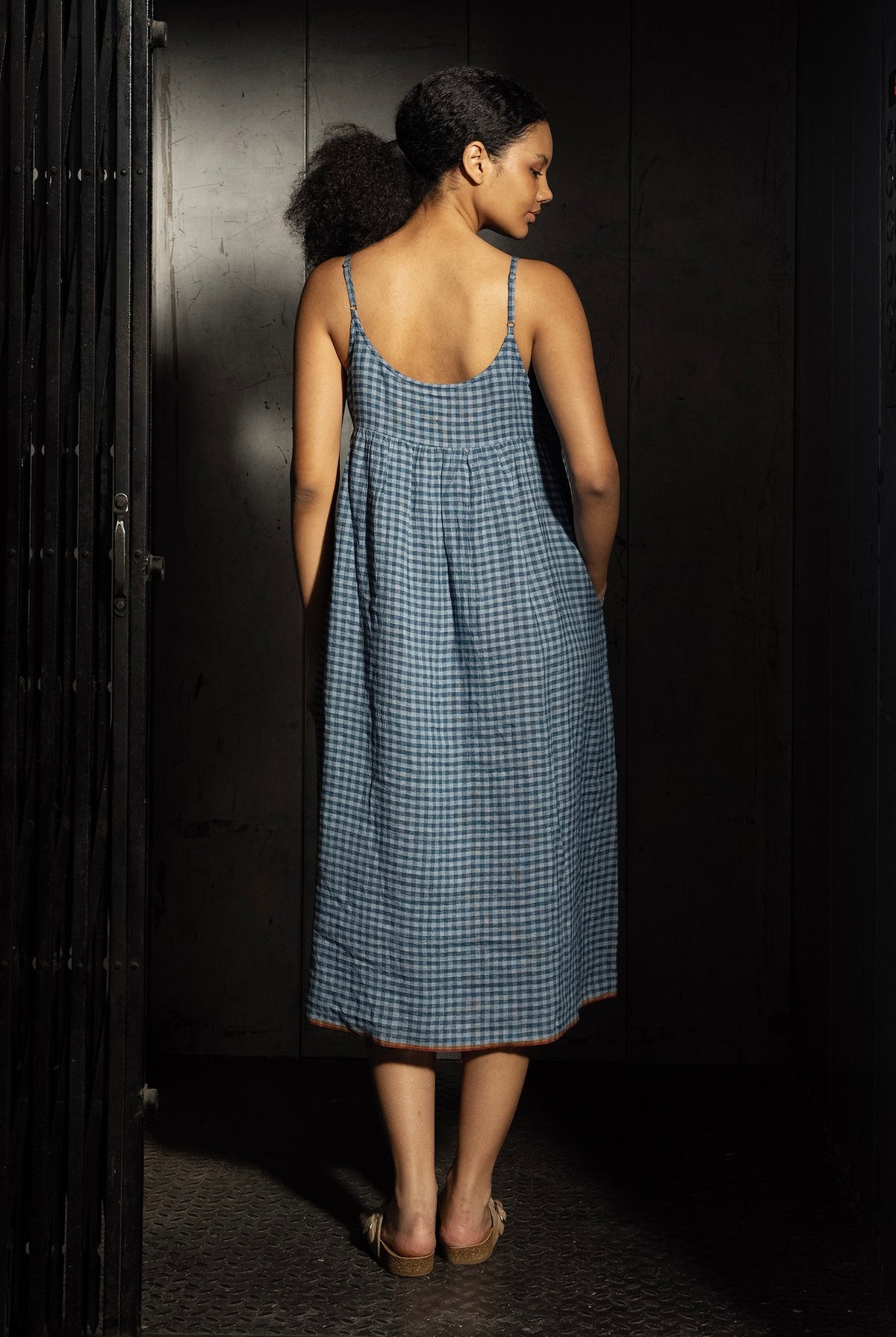 DITI LINEN SLIP DRESS - Ash Blue Check