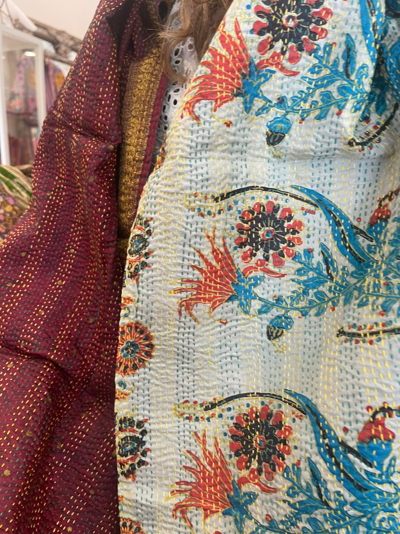 Kantha Silk Muffler - Fireside Coral