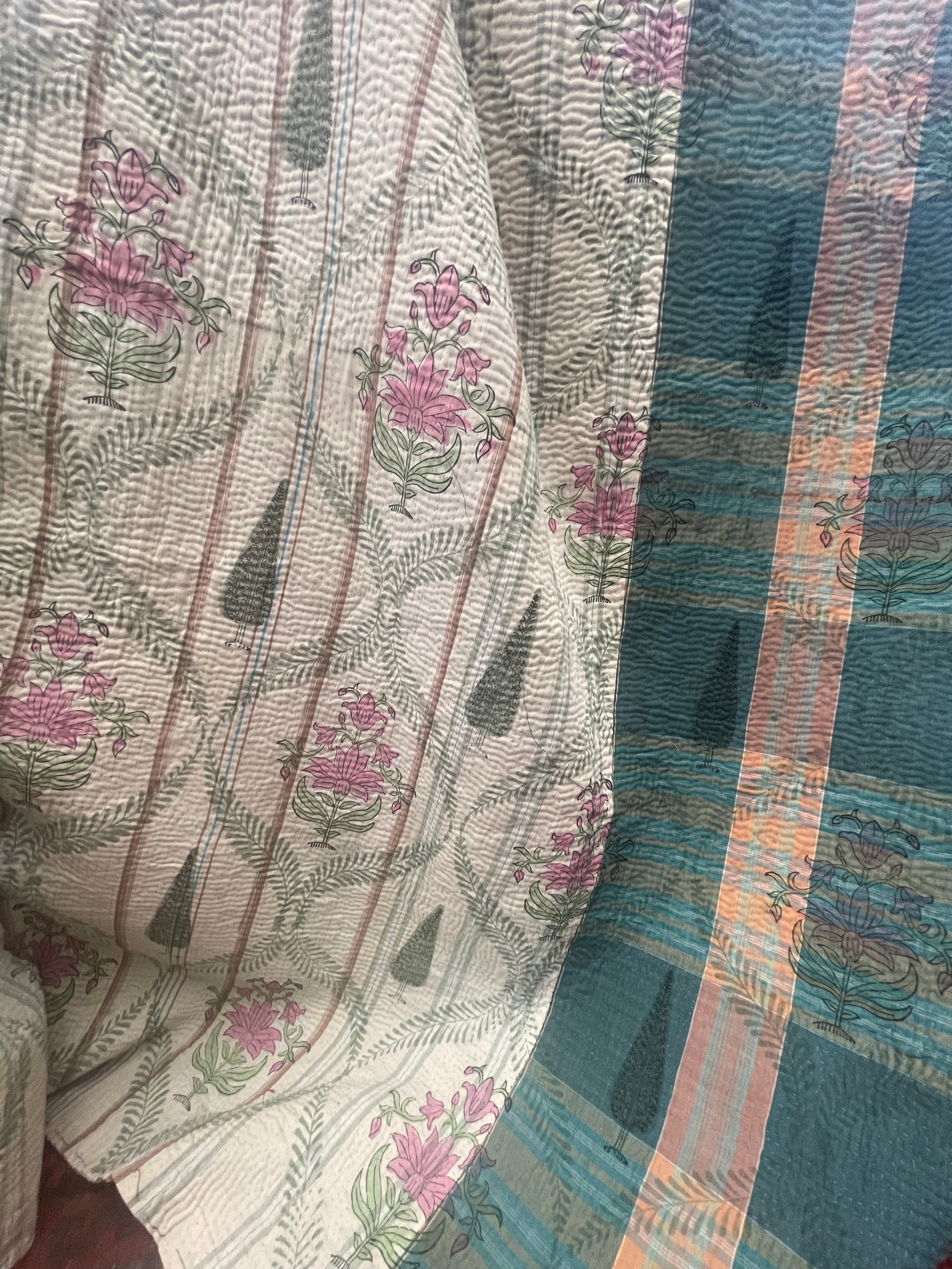 VINTAGE KANTHA - French Floral | Green Stripe