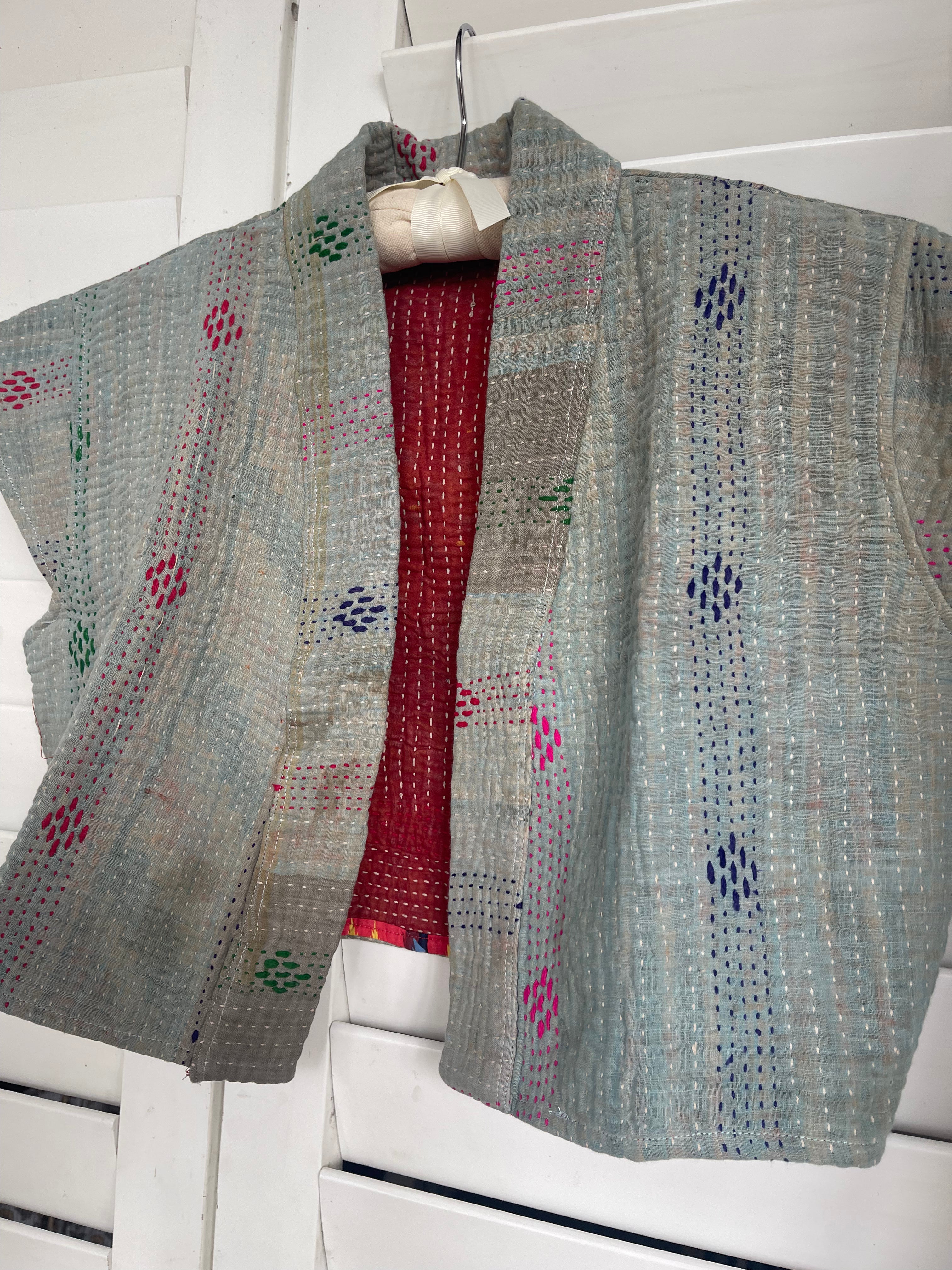 Capped Sleeve Top - Sea Mist Kantha