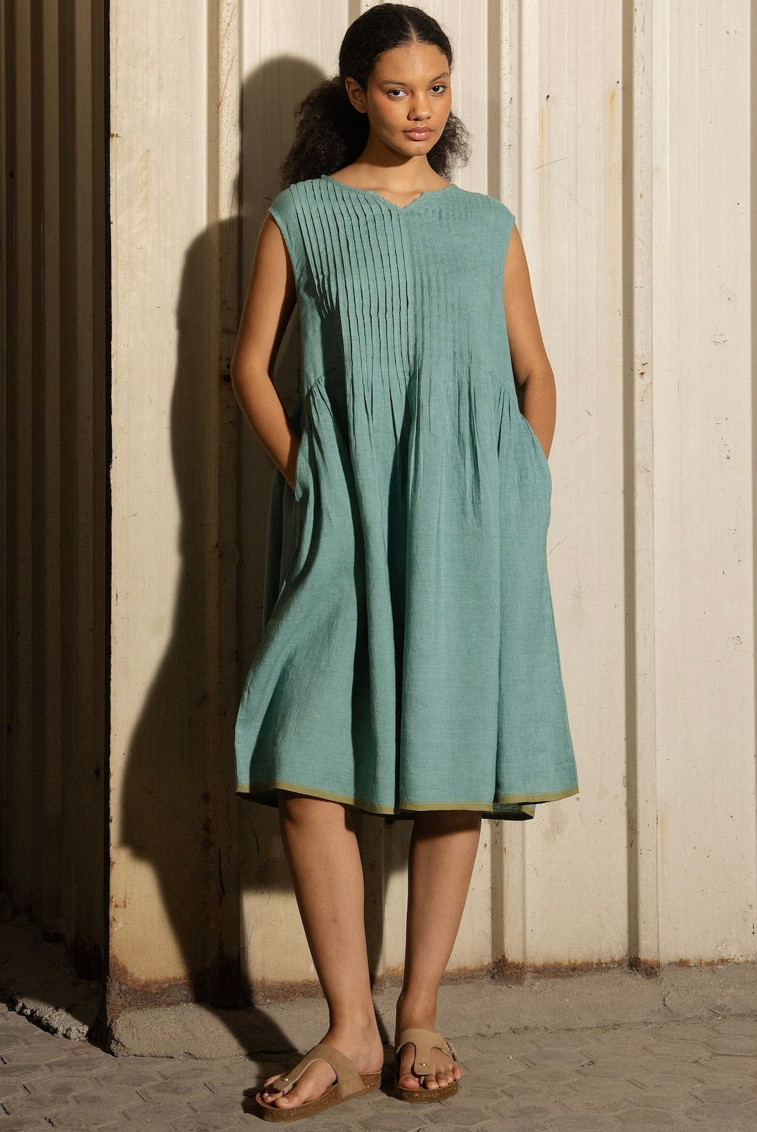 BRAHMA LINEN DRESS - Mineral Green Pintuck