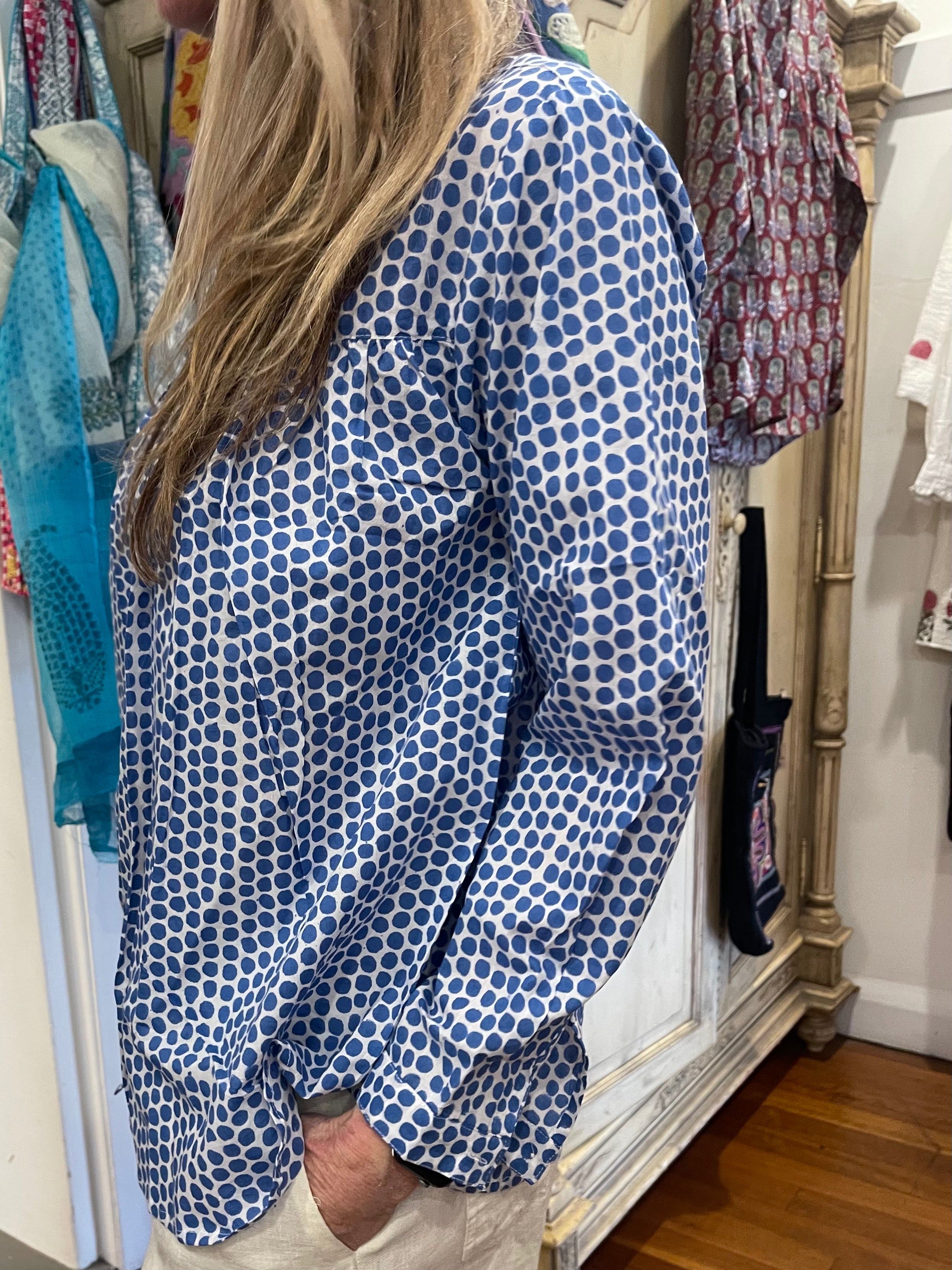Handblock Printed Blouse - DOTTY in BLUE