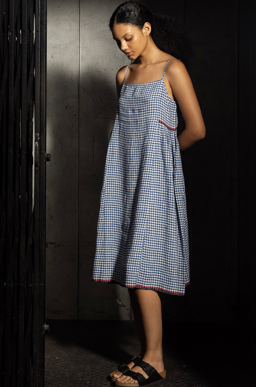 SARBANI LINEN SLIP DRESS - Cobalt Check