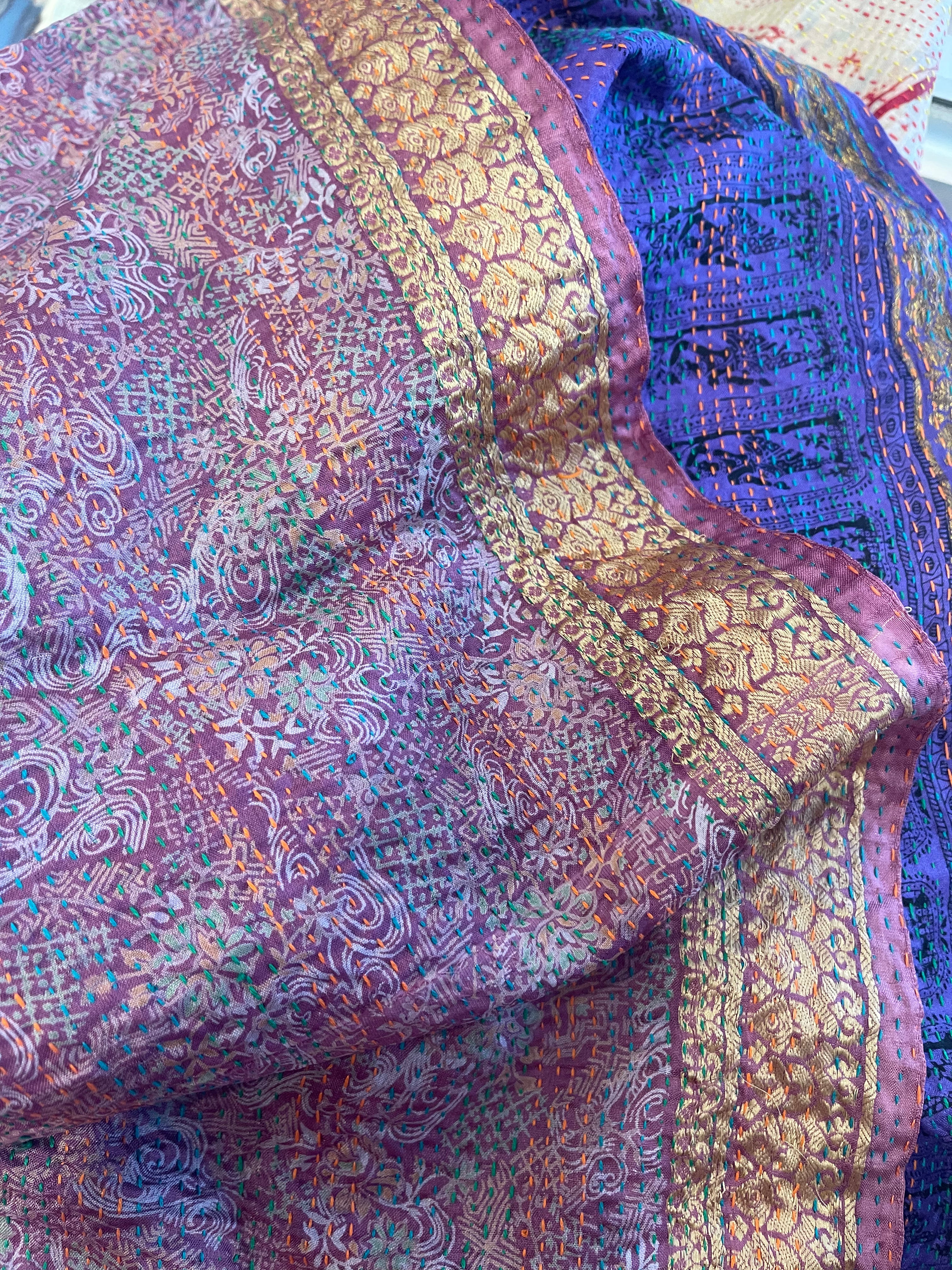 Kantha Silk Muffler - Gold Violet