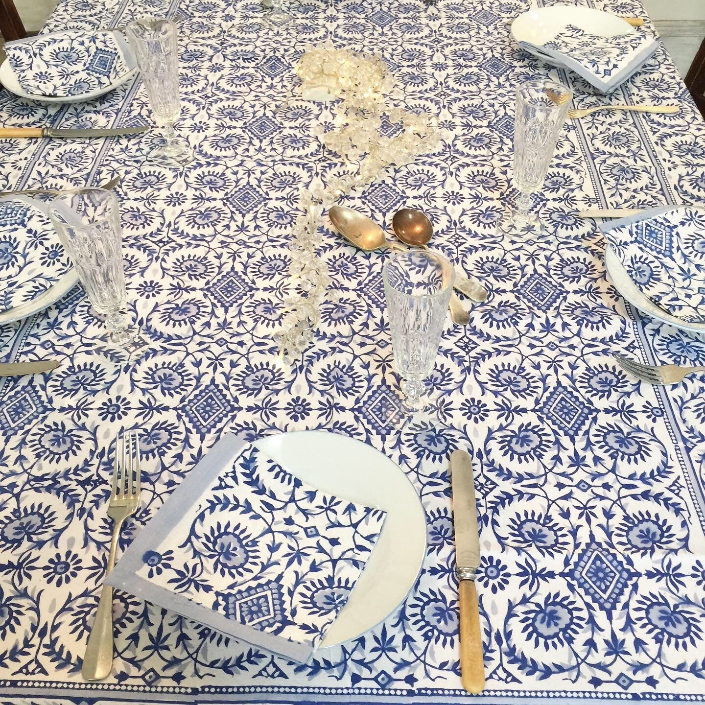 Handblock Printed Tablecloth Rectangular - French Tile