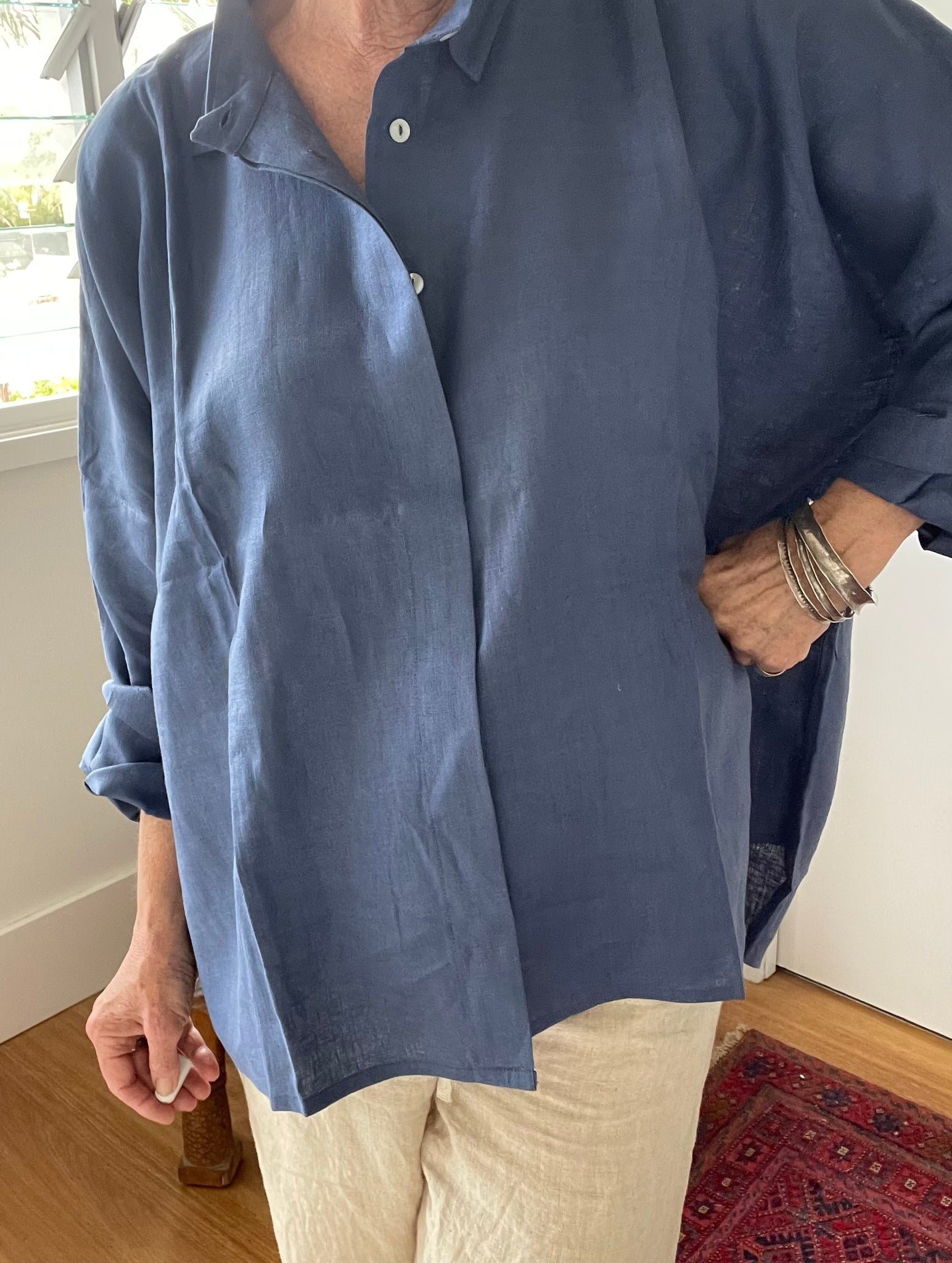 LINEN OVERSIZE SHIRT - Dark Dove Blue