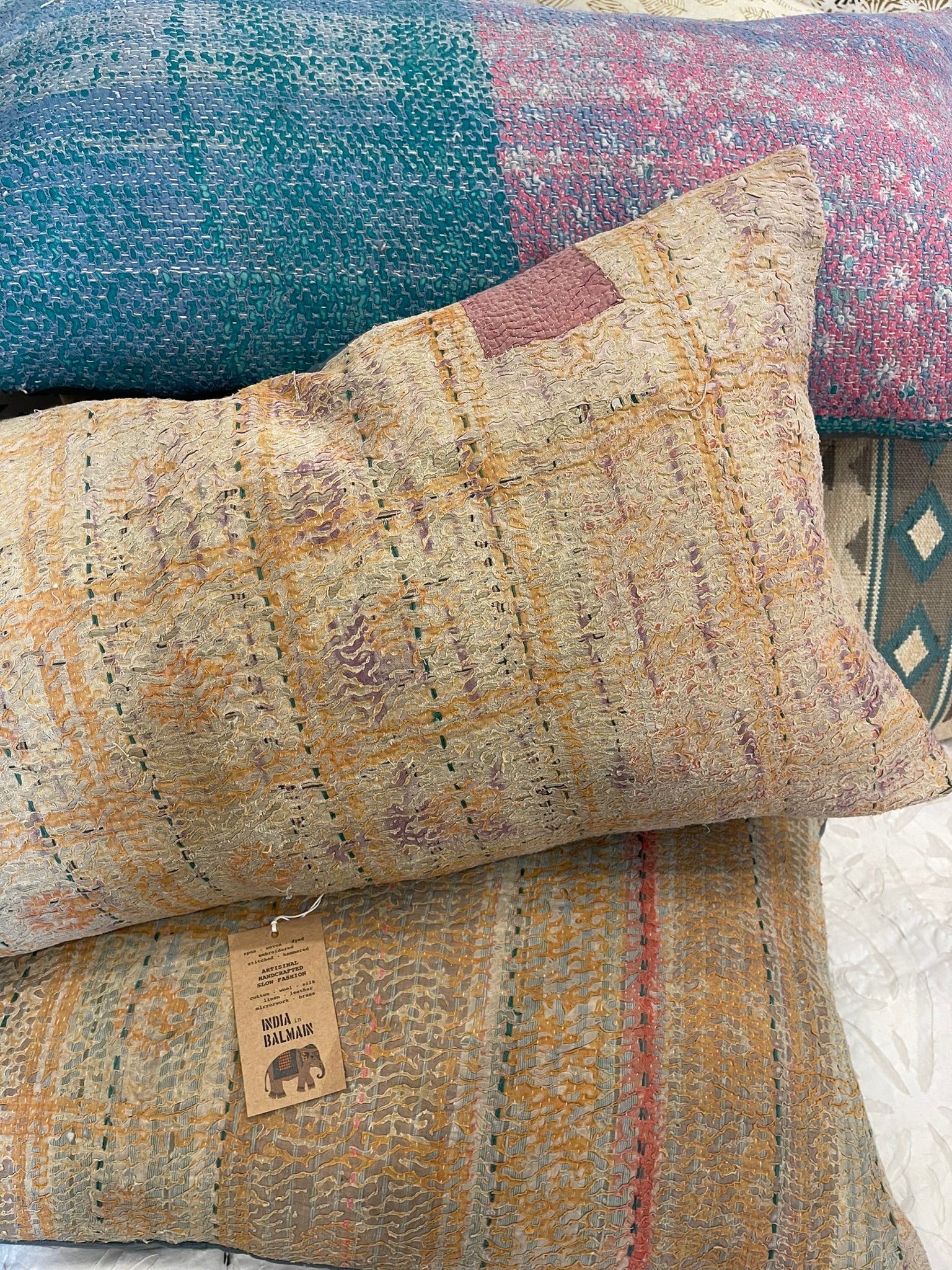 Linear Vintage Kantha Cushion - Desert Patch