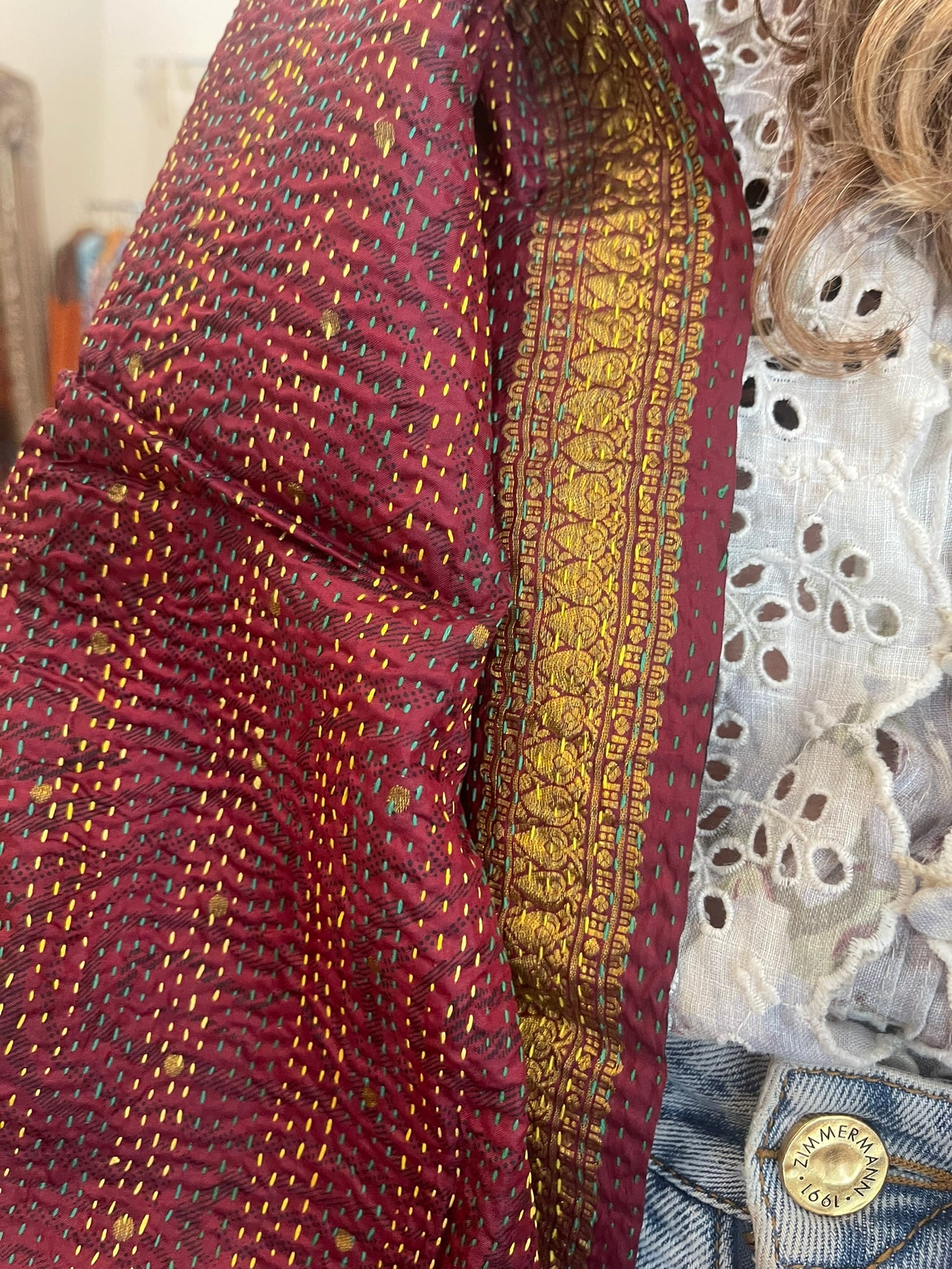 Kantha Silk Muffler - Fireside Coral