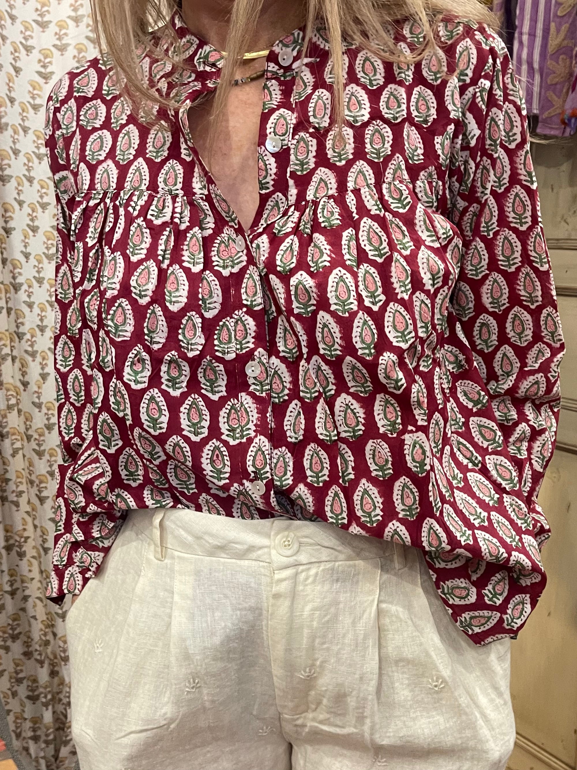 Handblock Printed Blouse - CRIMSON MEADOW