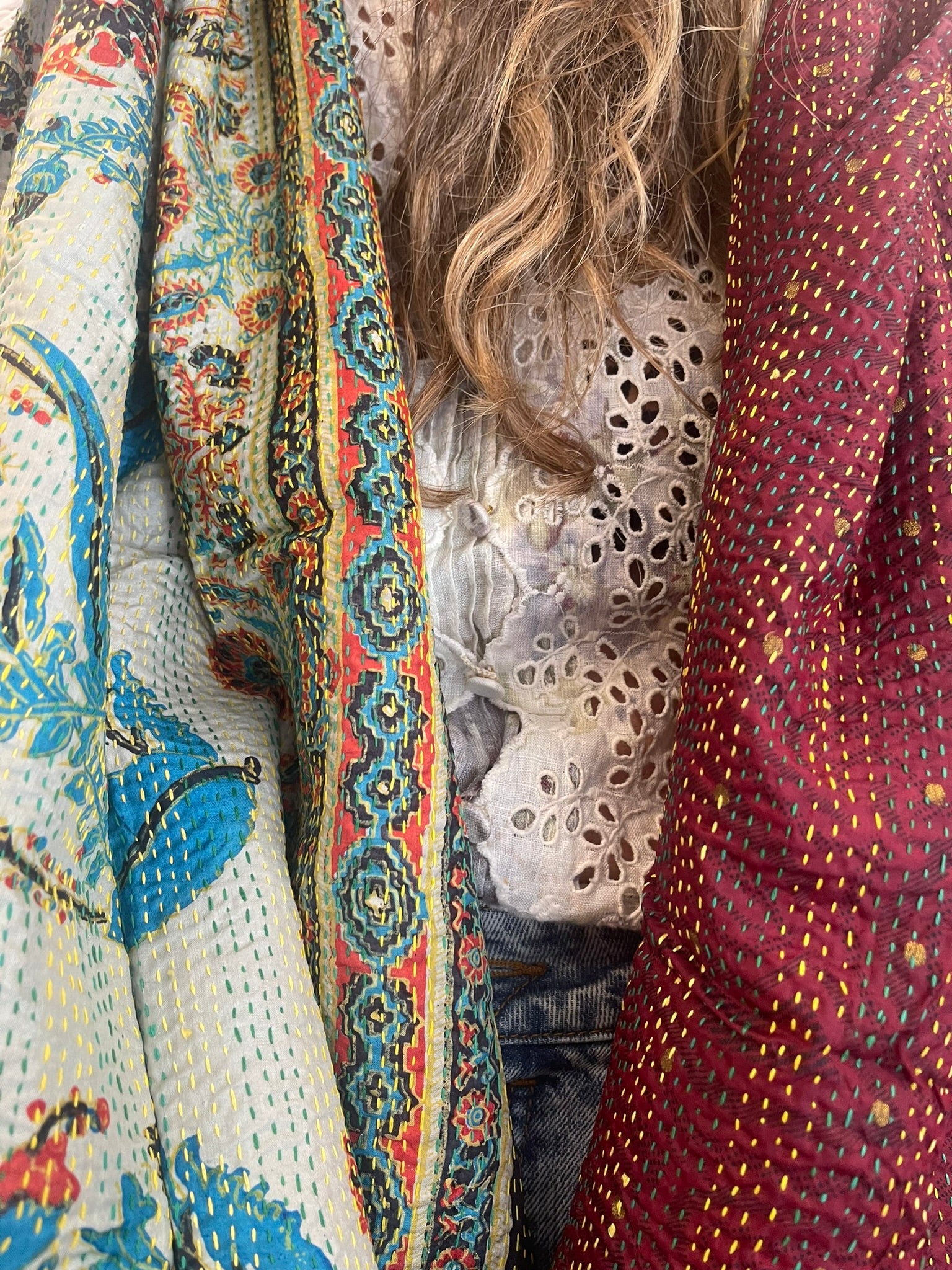 Kantha Silk Muffler - Fireside Coral