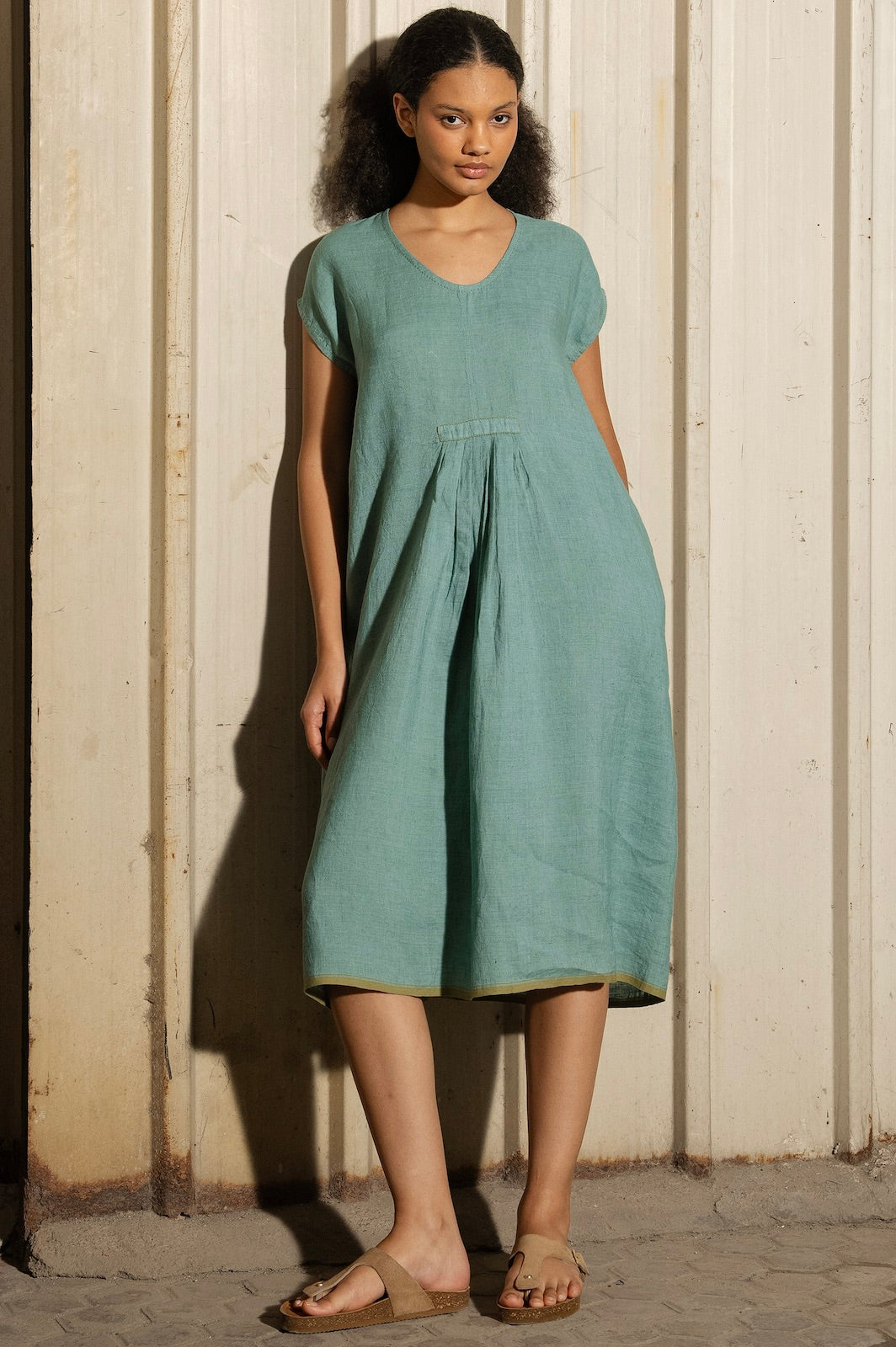 RATI LINEN DRESS - Mineral Green Pintuck