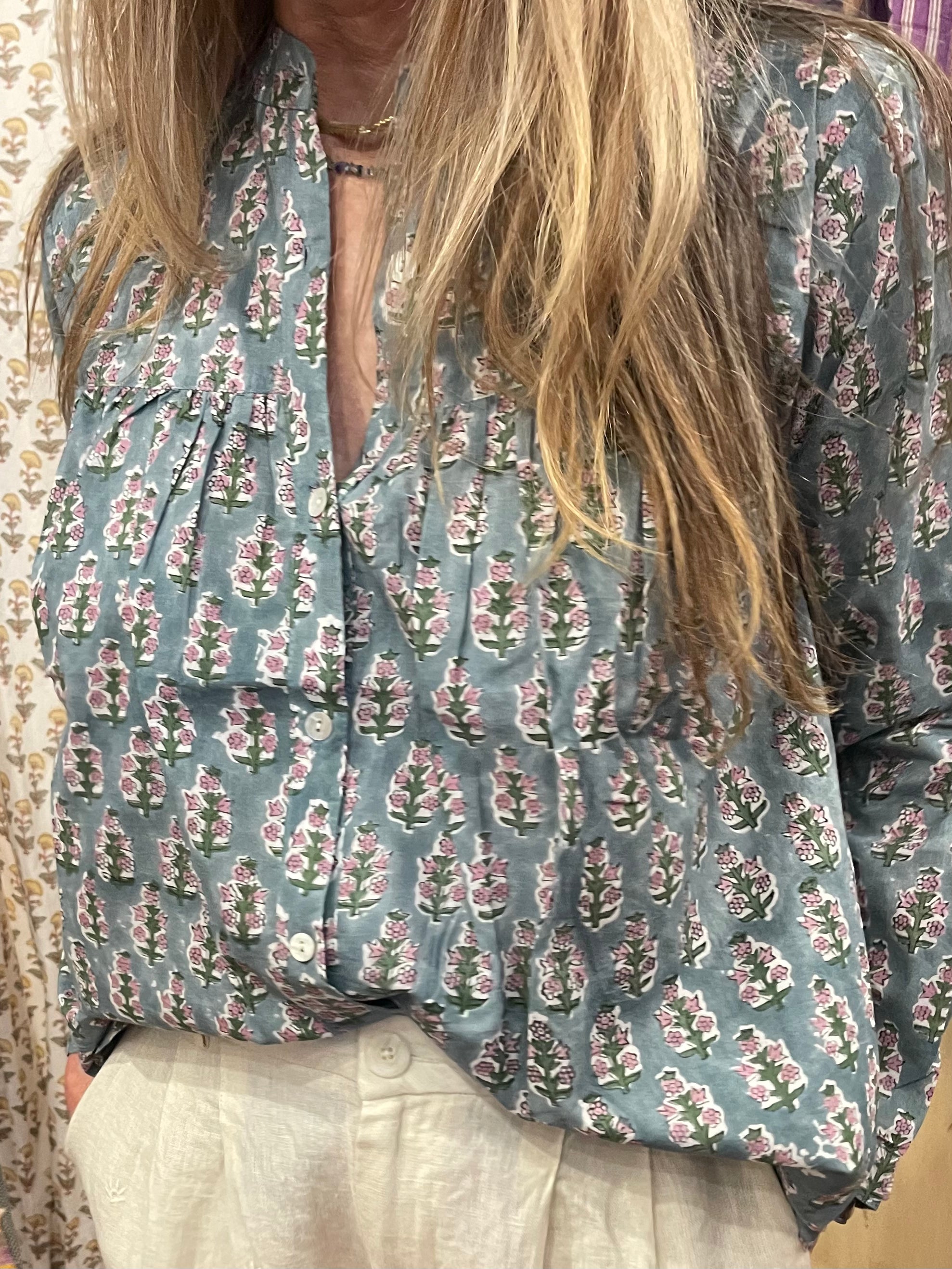 Handblock Printed Blouse - SAGE FLORAL