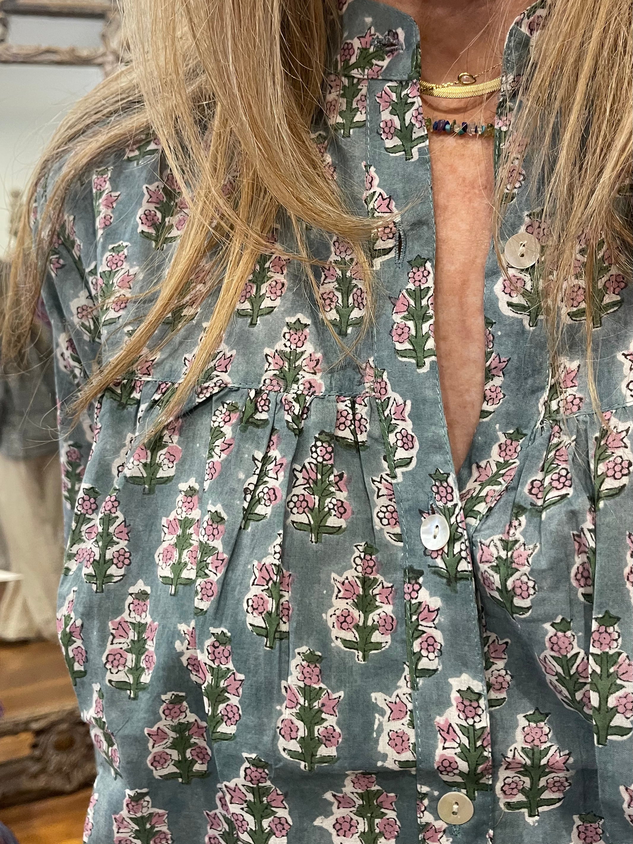Handblock Printed Blouse - SAGE FLORAL