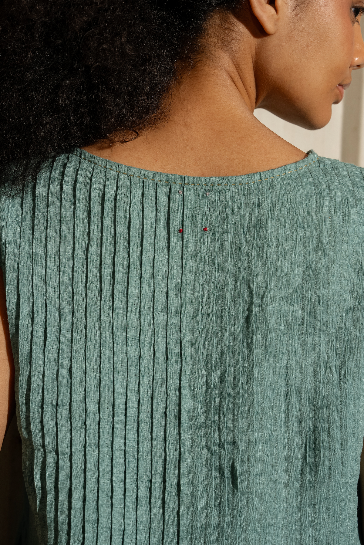 BRAHMA LINEN DRESS - Mineral Green Pintuck