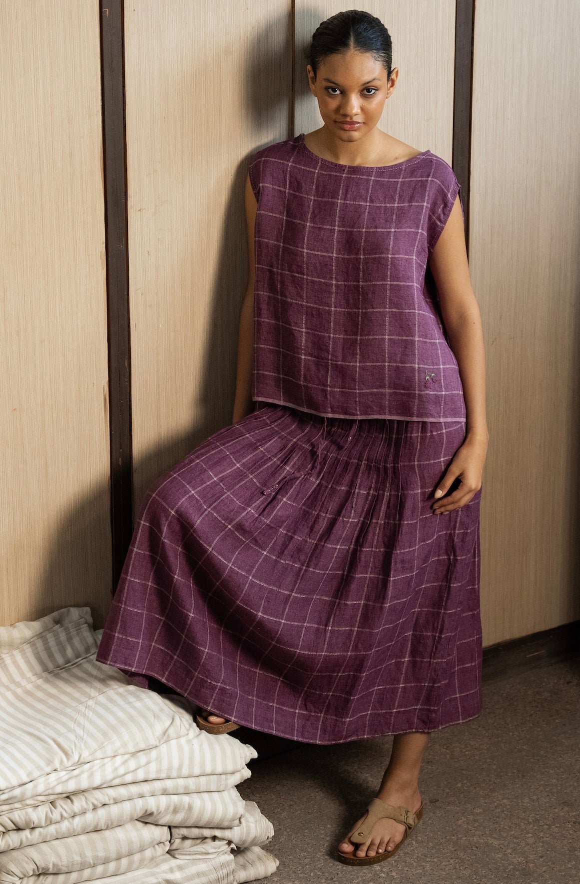 MEDH LINEN CHECK SKIRT - Eggplant
