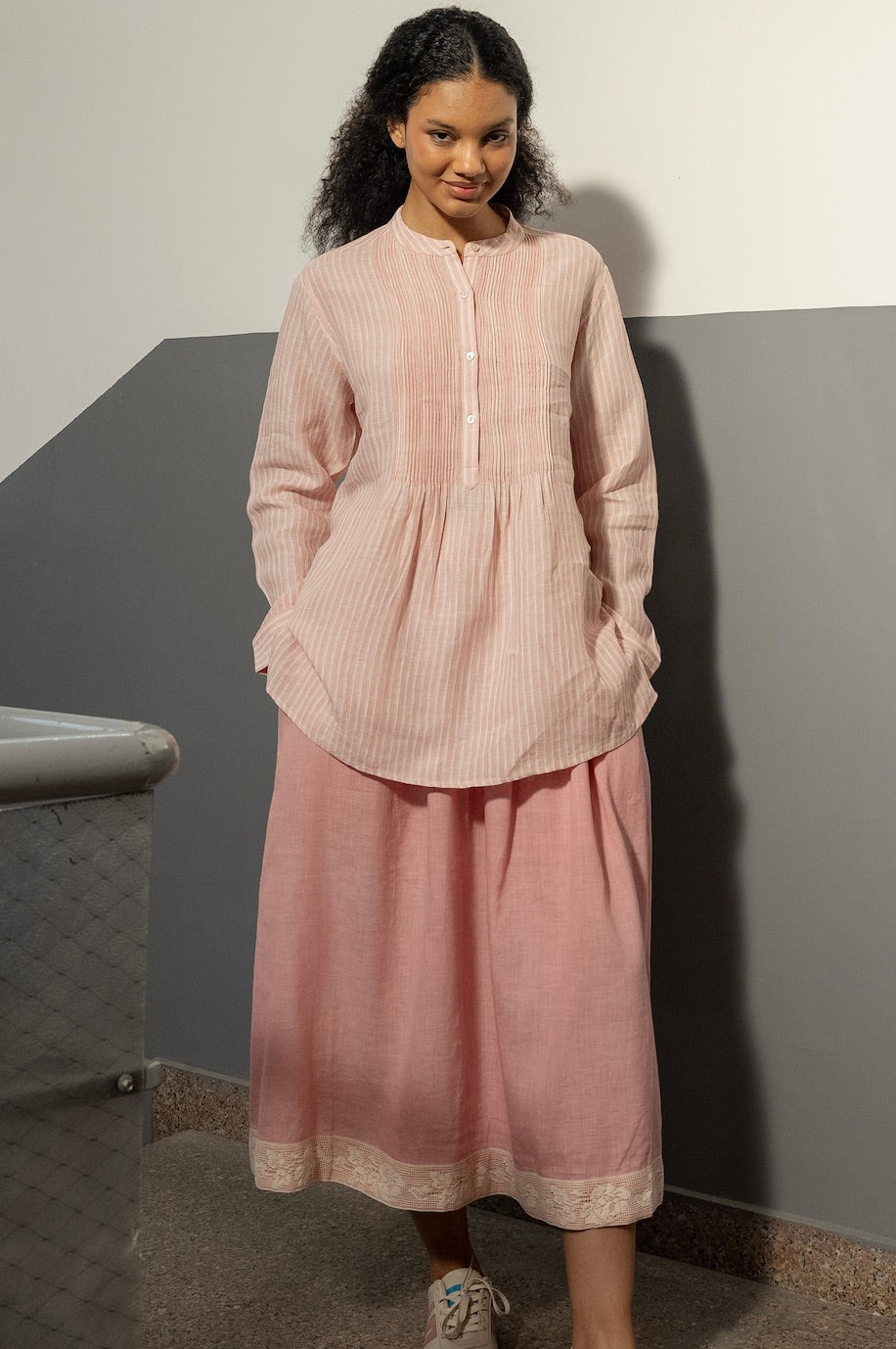 MOHINI LINEN PINTUCK SHIRT - Light Rose