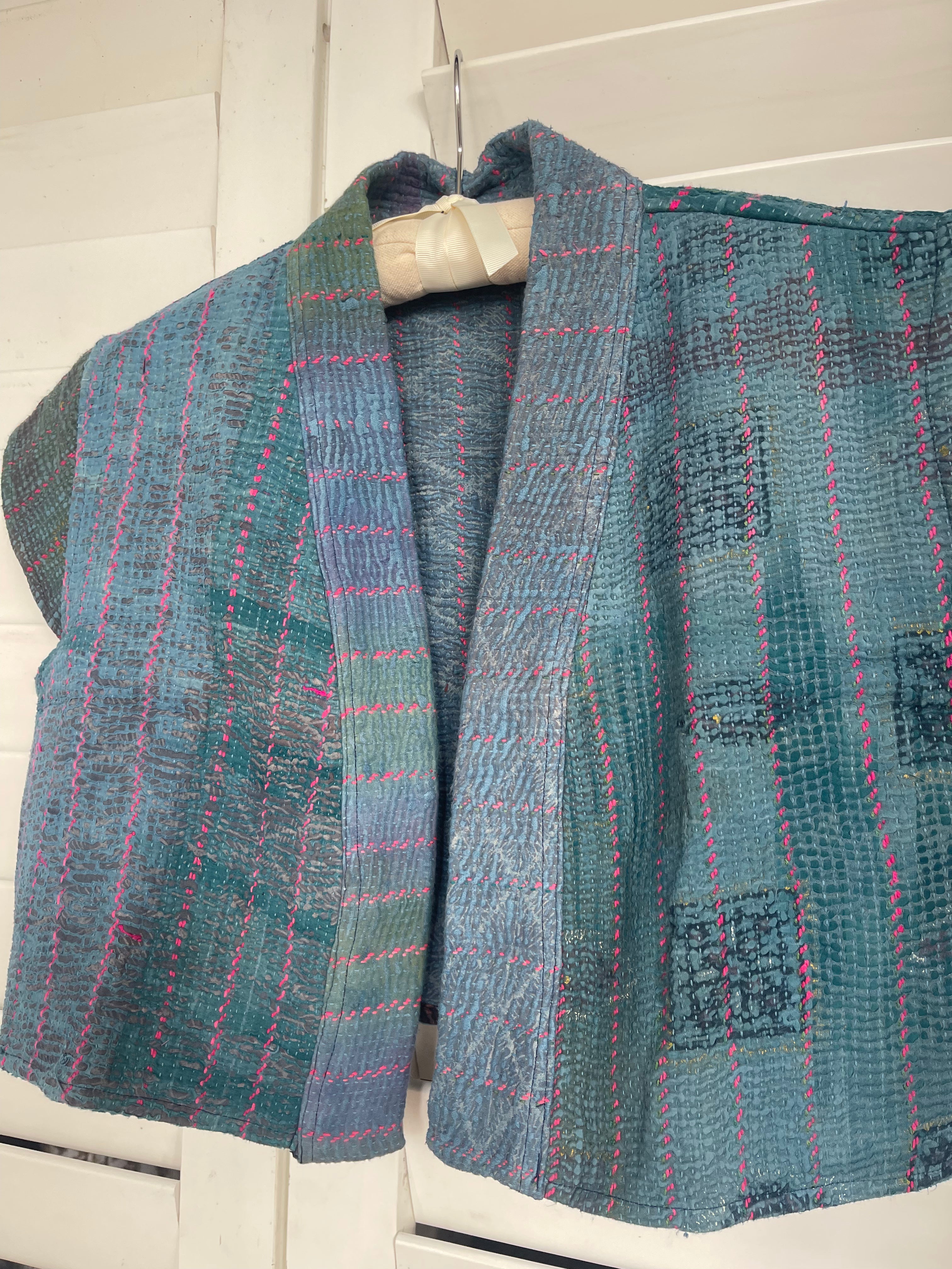 Capped Sleeve Top - Sea Blue Kantha